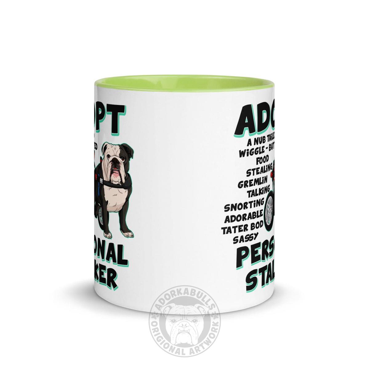 "Adopt A Personal Stalker" English Bulldog Mug | B&W Colored in Wheelchair