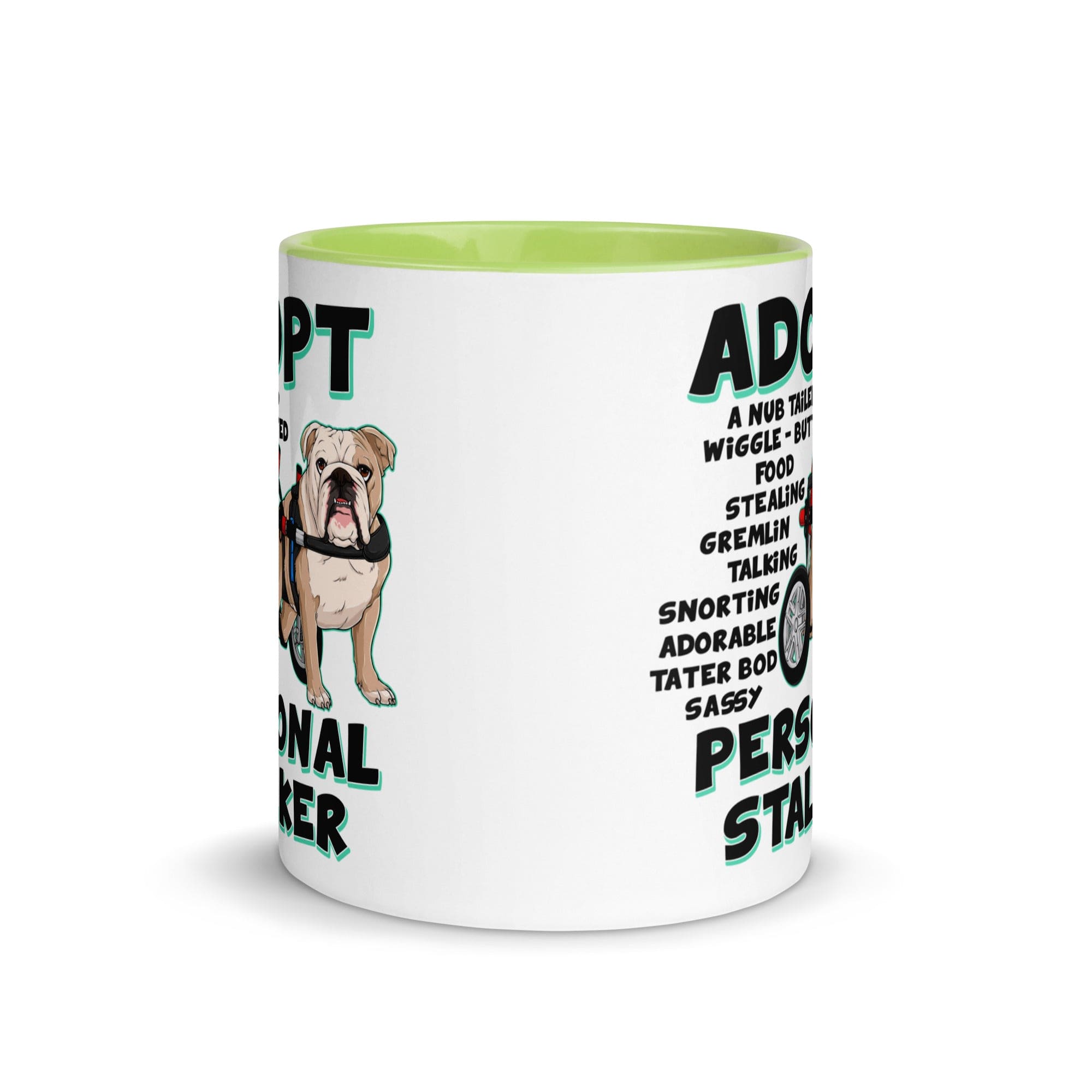 "Adopt A Personal Stalker" English Bulldog Mug | Fawn & White Colored in Wheelchair
