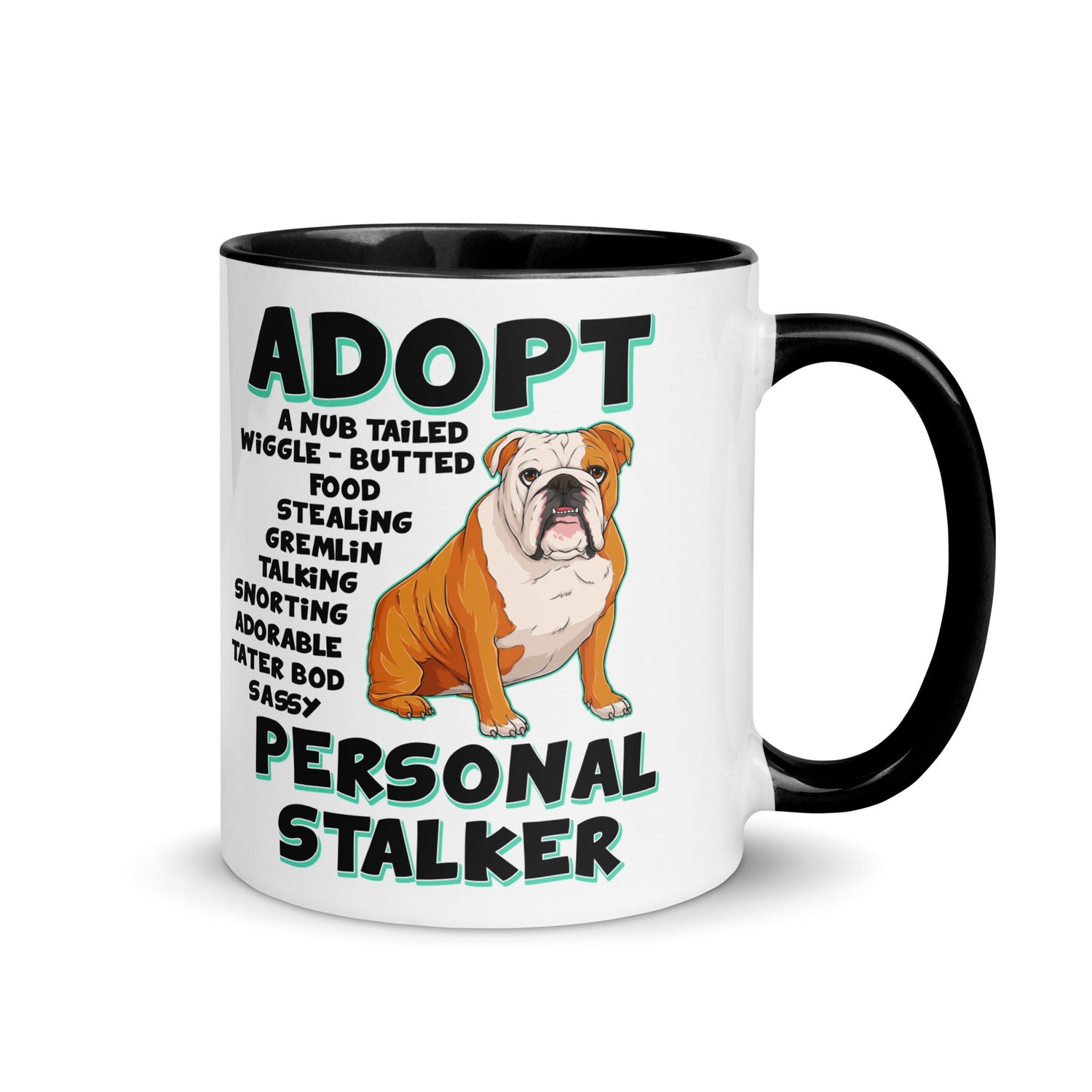 "Adopt A Personal Stalker" English Bulldog Mug | Red & White Colored