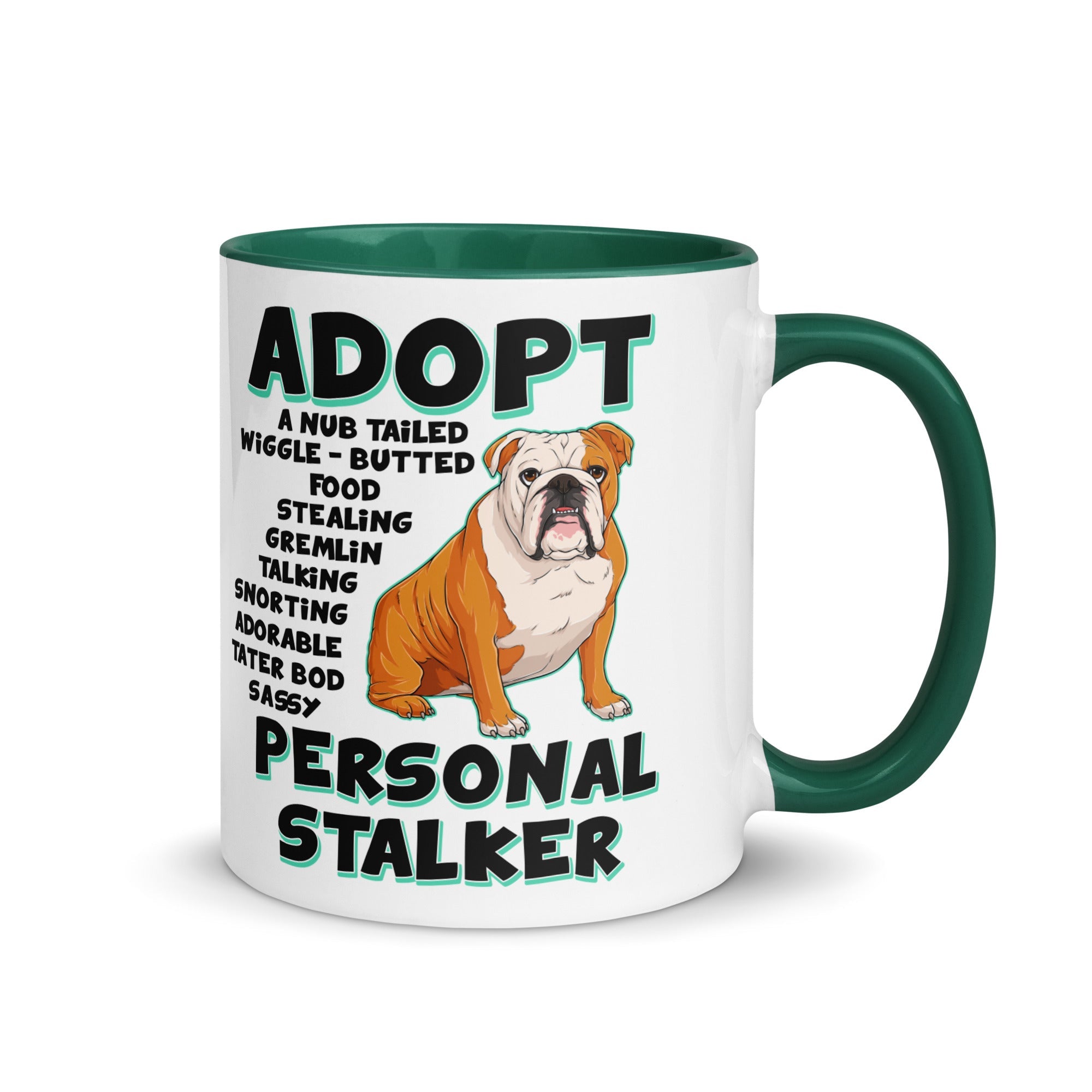 "Adopt A Personal Stalker" English Bulldog Mug | Red & White Colored