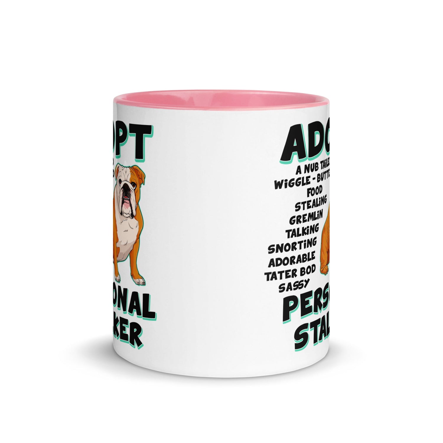 "Adopt A Personal Stalker" English Bulldog Mug | Red & White Colored