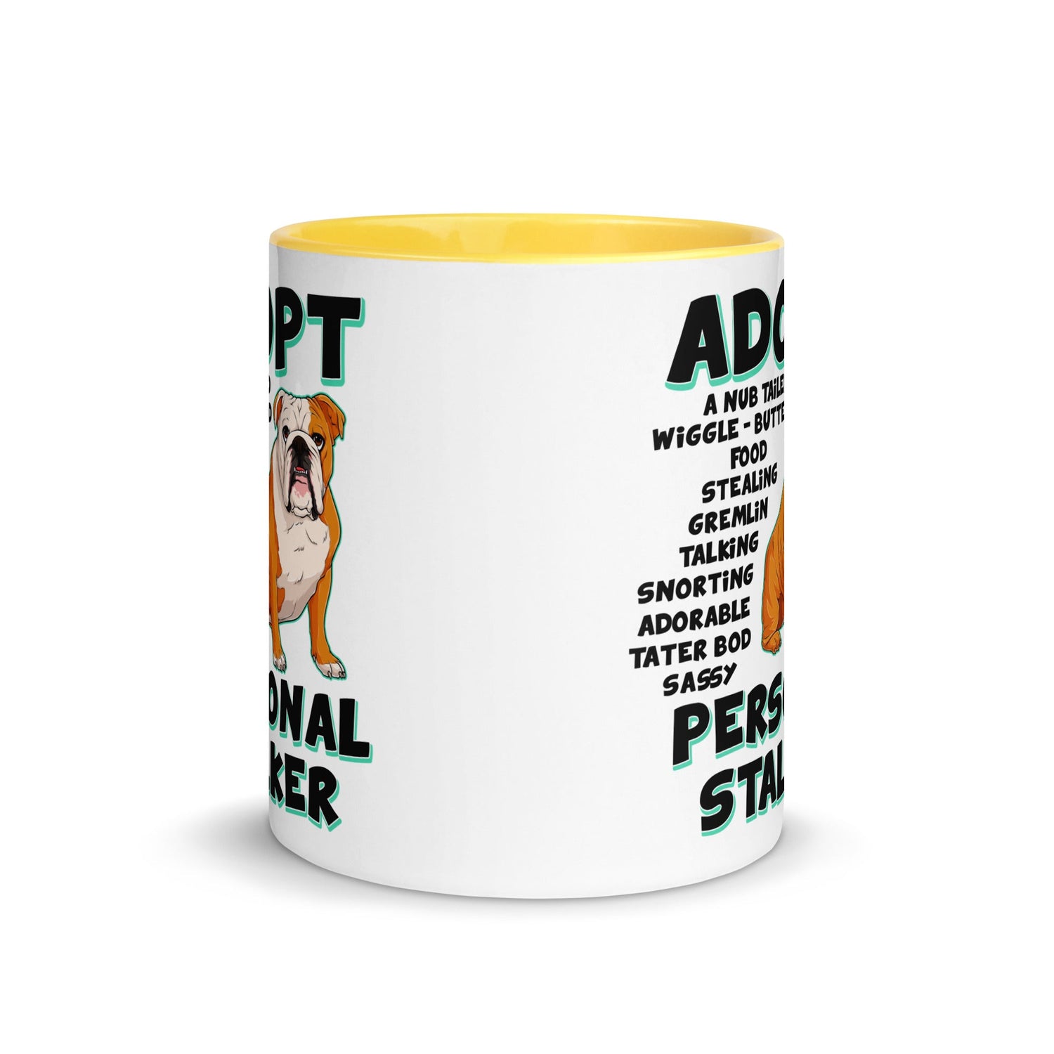 "Adopt A Personal Stalker" English Bulldog Mug | Red & White Colored