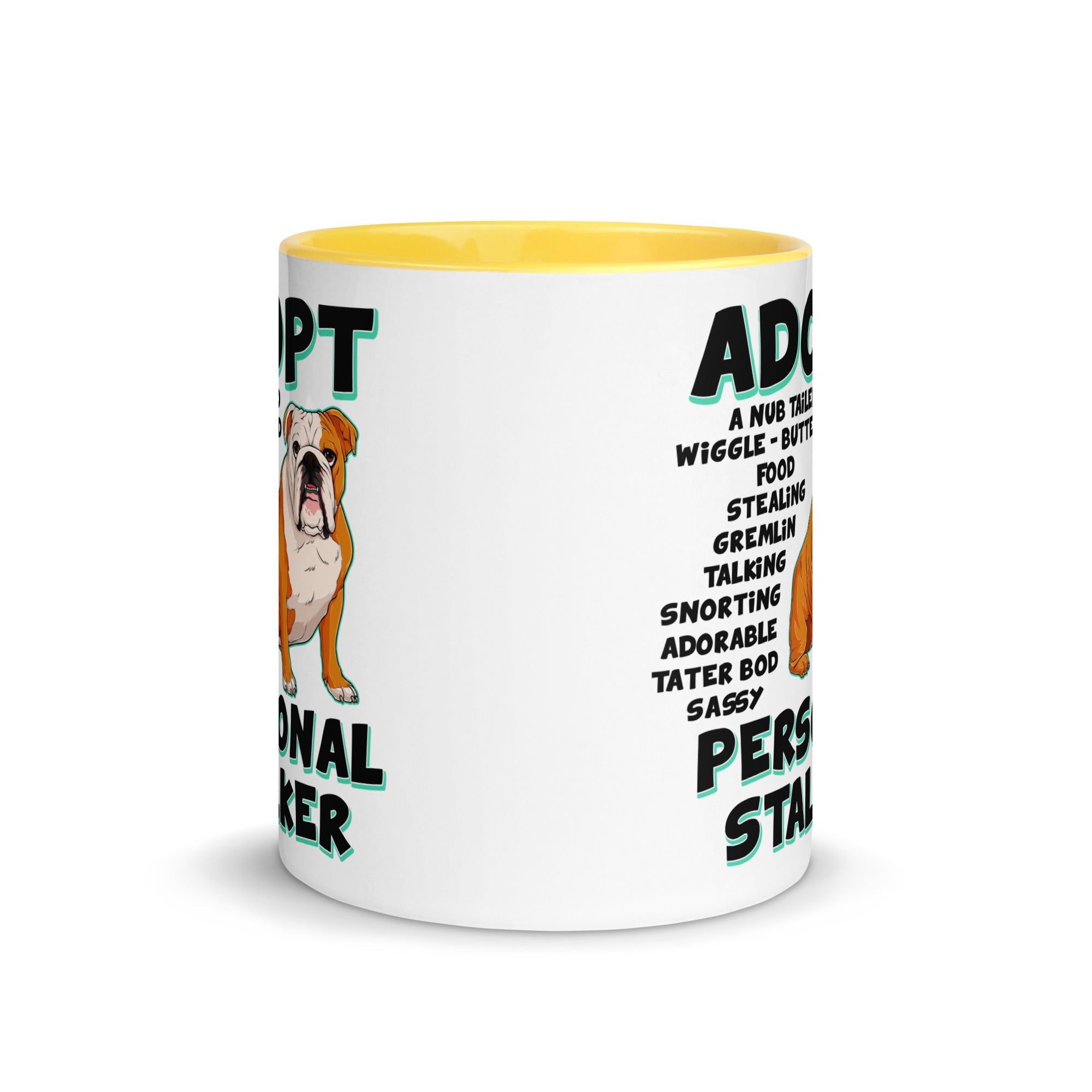 "Adopt A Personal Stalker" English Bulldog Mug | Red & White Colored