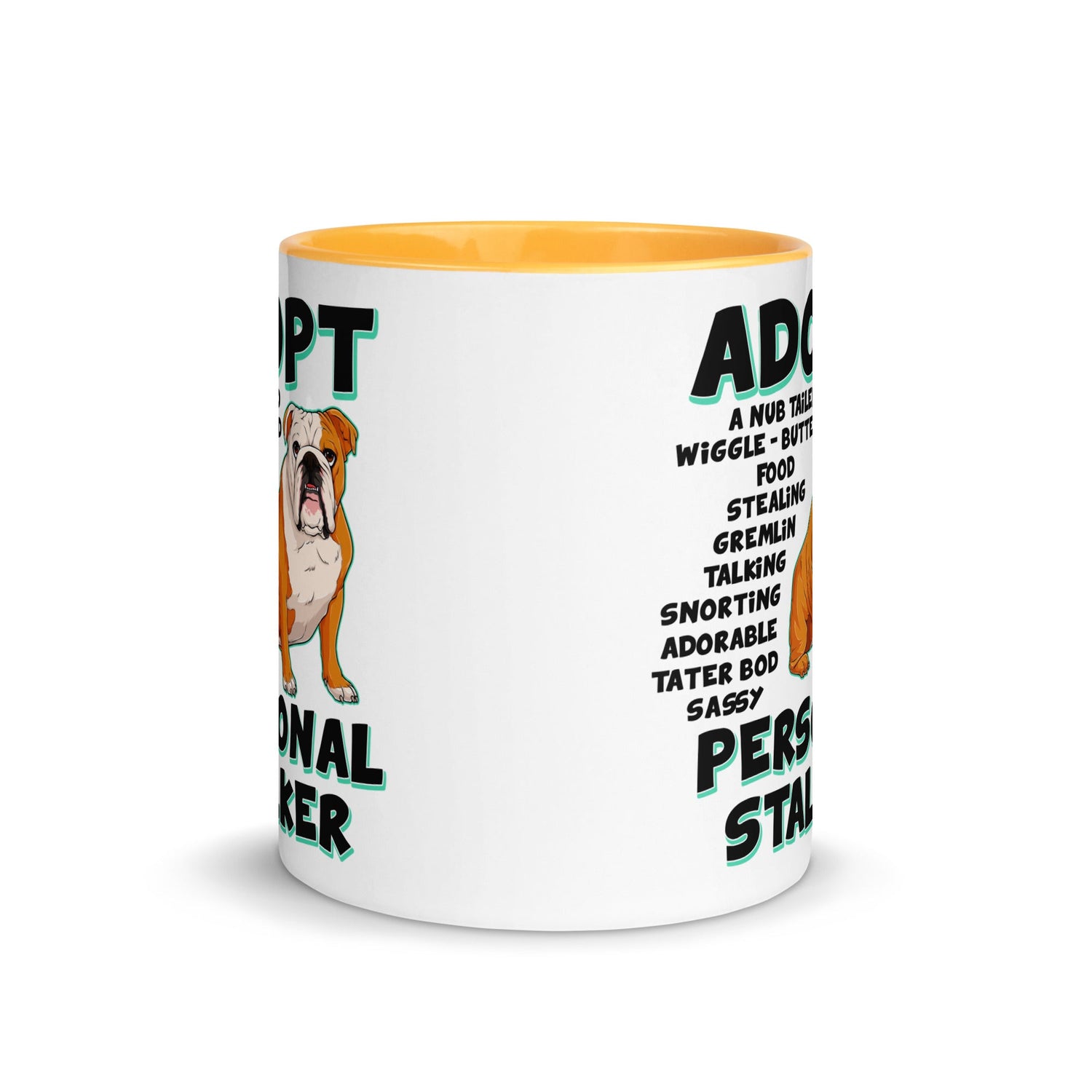 "Adopt A Personal Stalker" English Bulldog Mug | Red & White Colored