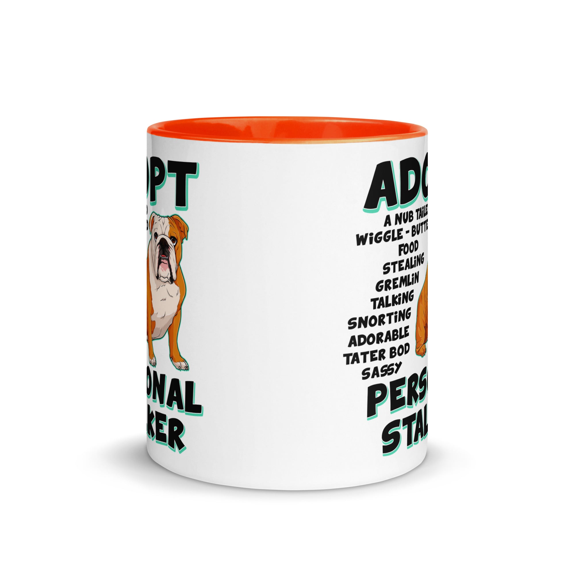 "Adopt A Personal Stalker" English Bulldog Mug | Red & White Colored
