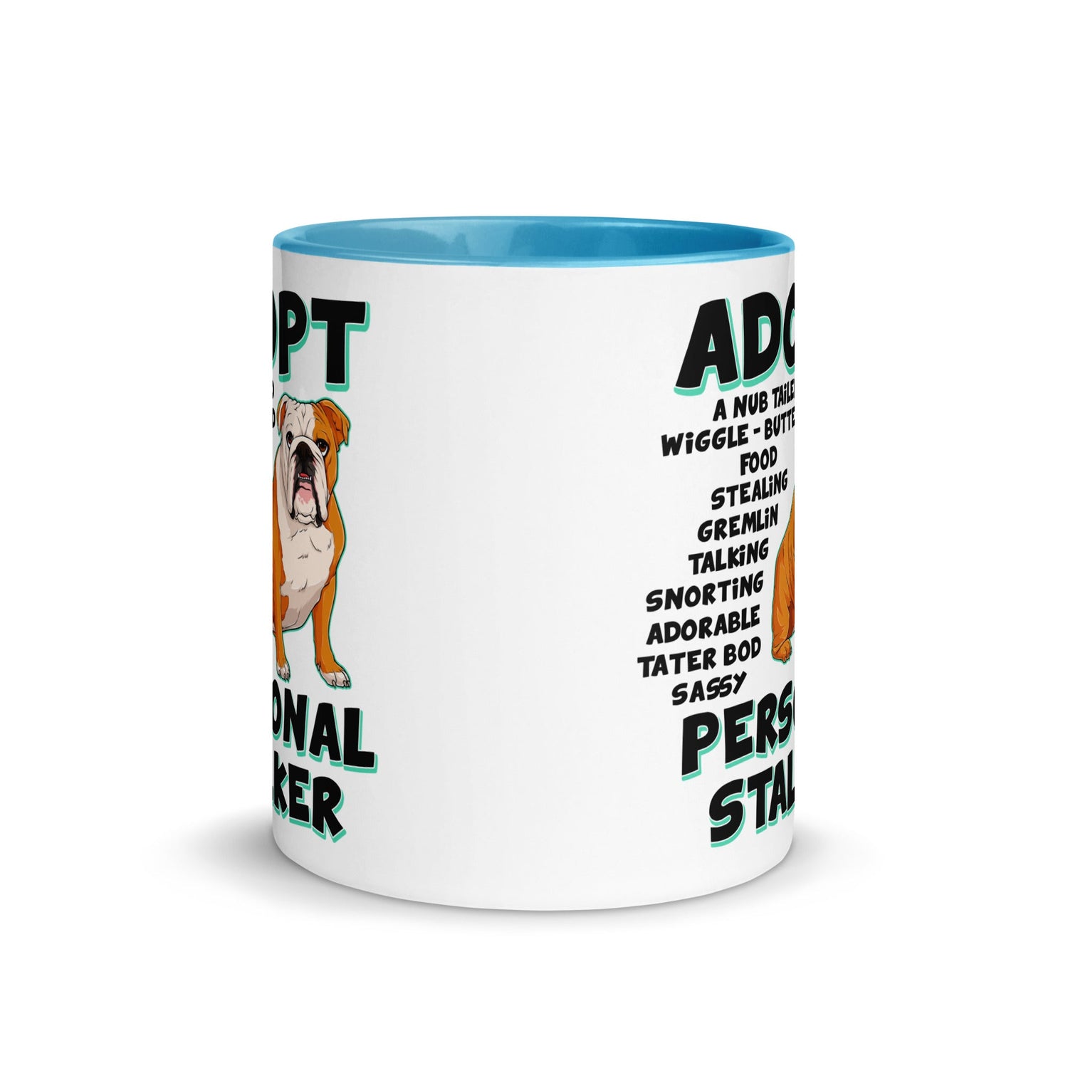 "Adopt A Personal Stalker" English Bulldog Mug | Red & White Colored