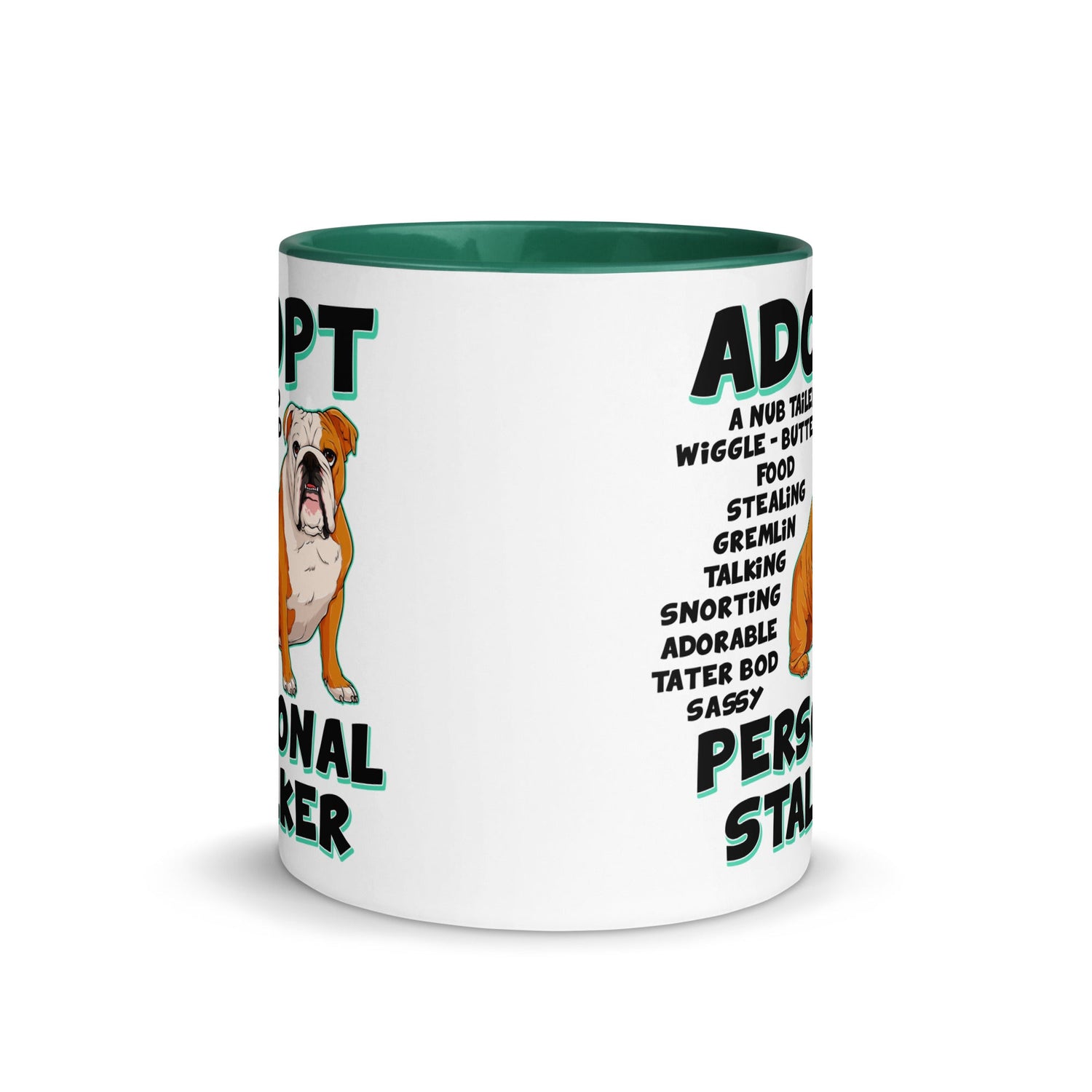 "Adopt A Personal Stalker" English Bulldog Mug | Red & White Colored