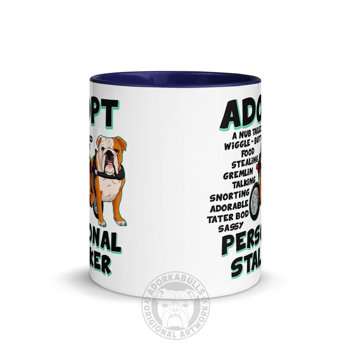 "Adopt A Personal Stalker" English Bulldog Mug | Red & White Colored in Wheelchair