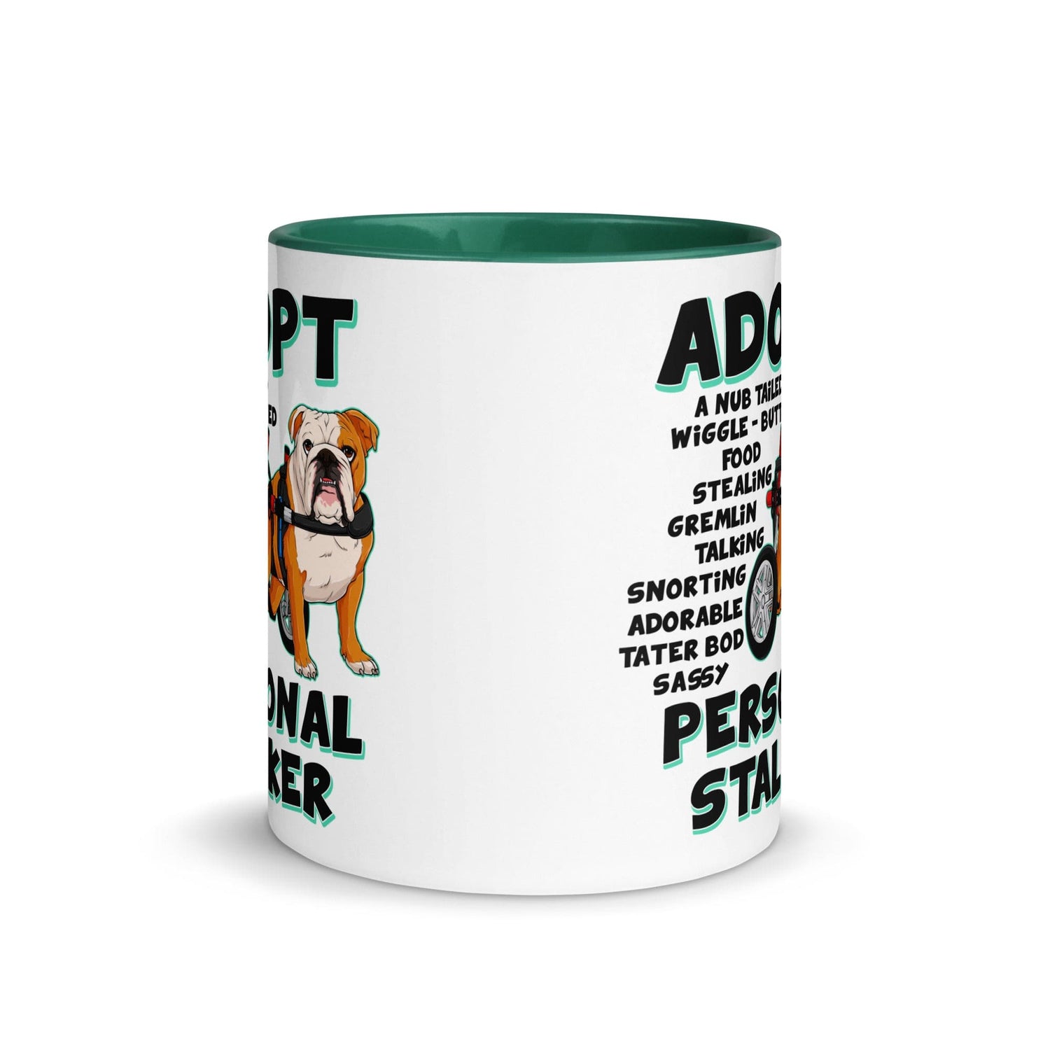 "Adopt A Personal Stalker" English Bulldog Mug | Red & White Colored in Wheelchair