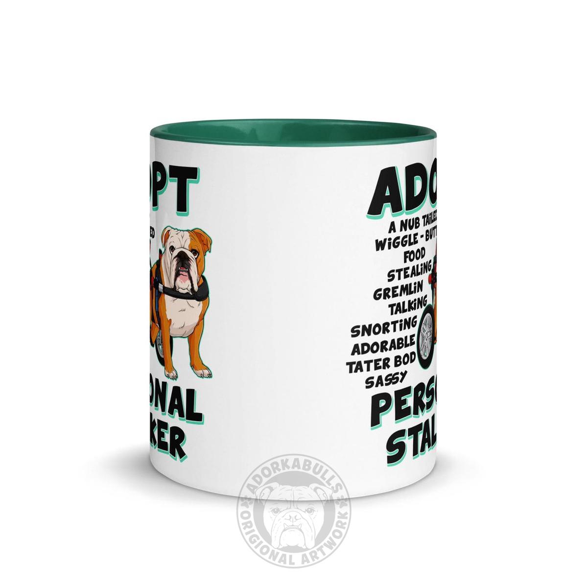 "Adopt A Personal Stalker" English Bulldog Mug | Red & White Colored in Wheelchair
