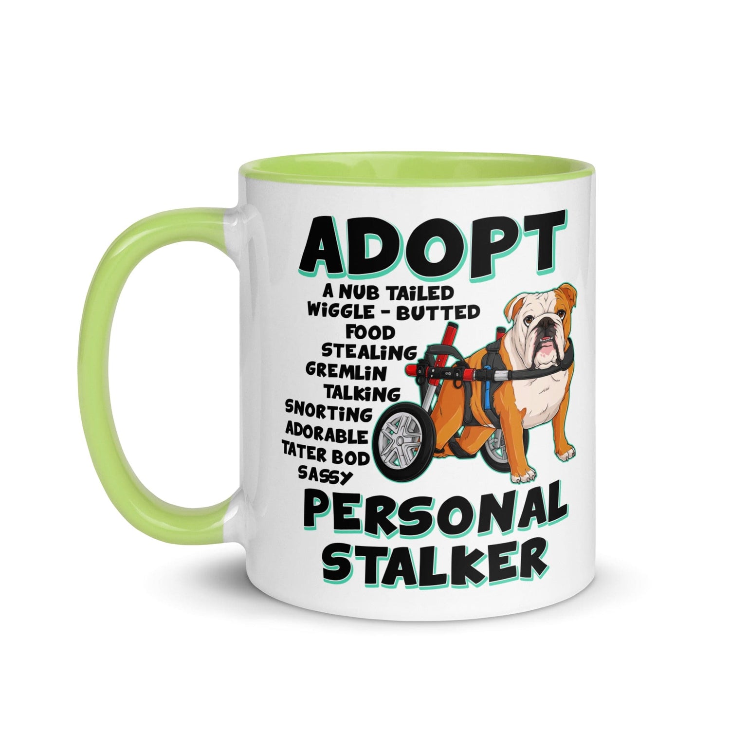 "Adopt A Personal Stalker" English Bulldog Mug | Red & White Colored in Wheelchair