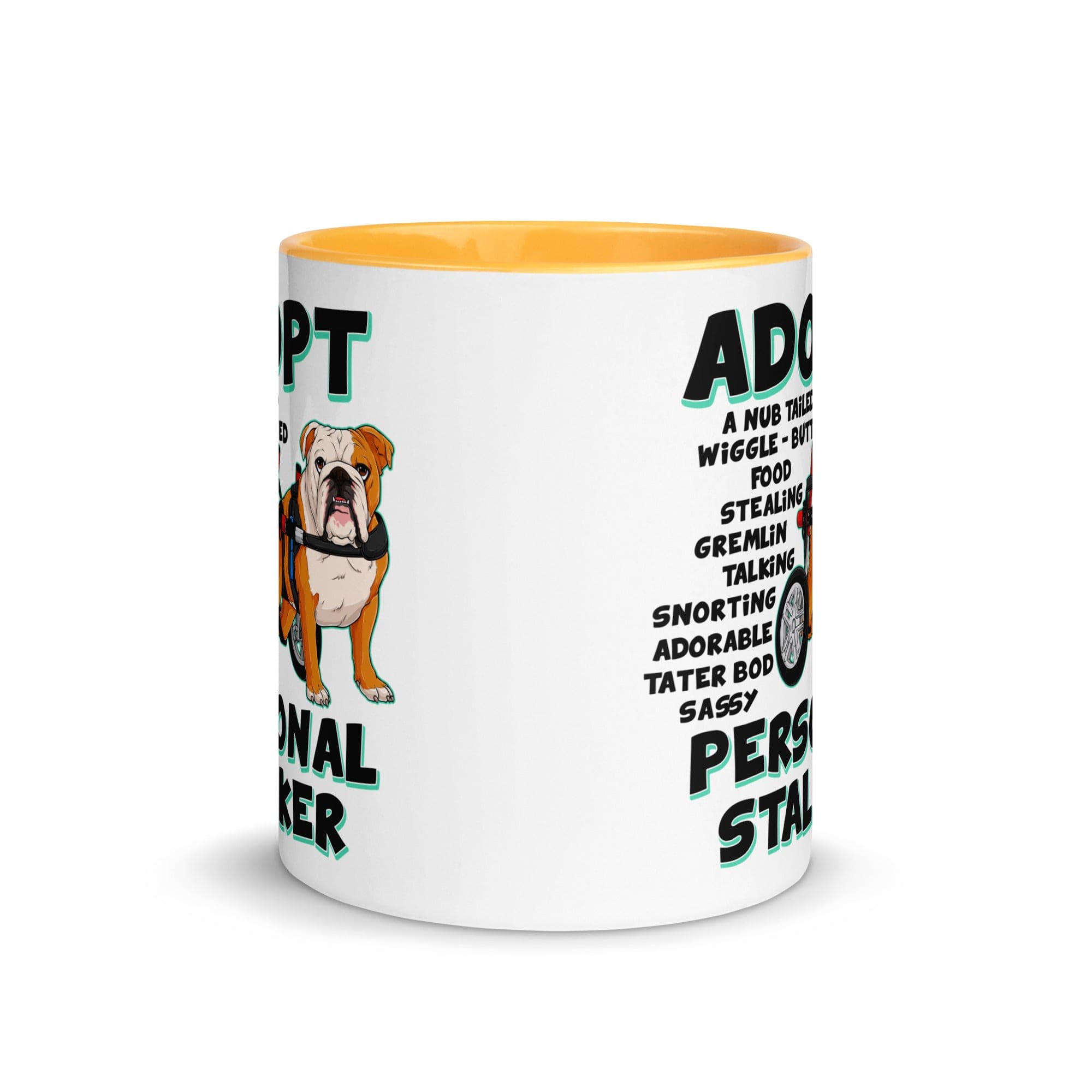 "Adopt A Personal Stalker" English Bulldog Mug | Red & White Colored in Wheelchair