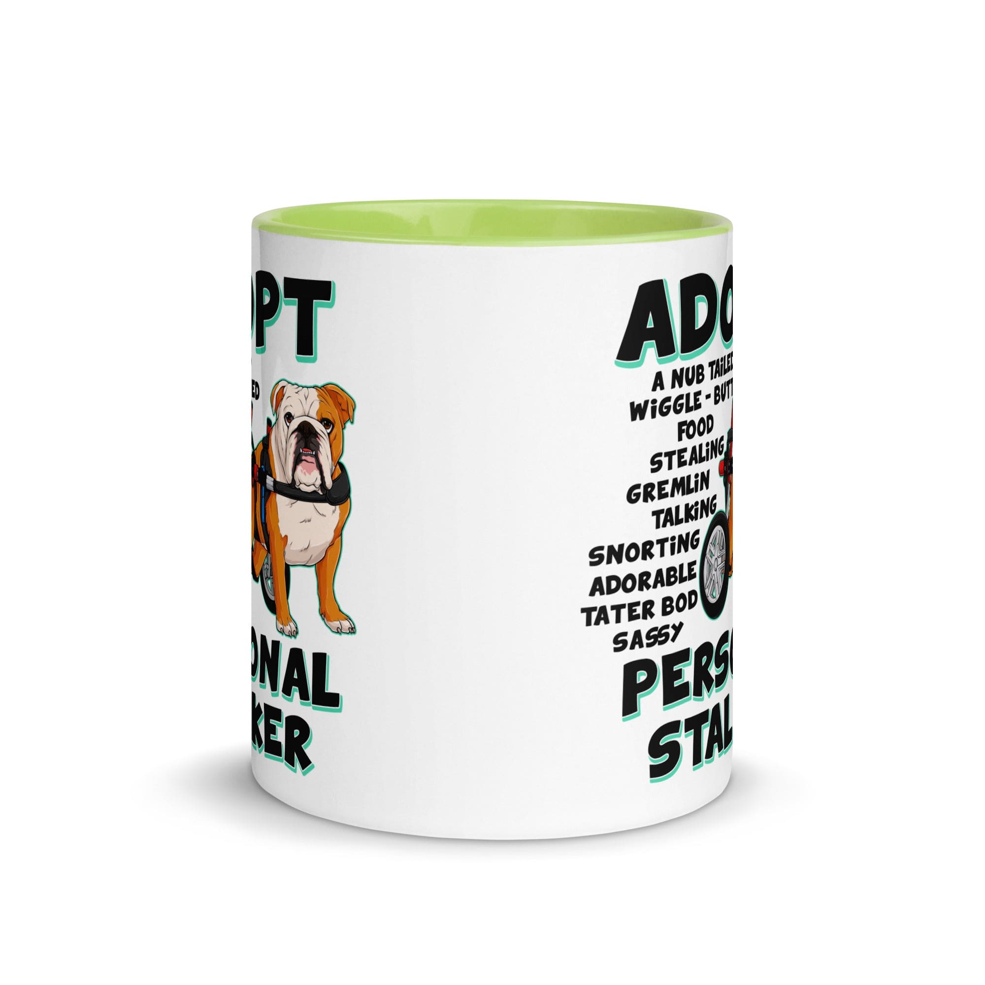 "Adopt A Personal Stalker" English Bulldog Mug | Red & White Colored in Wheelchair