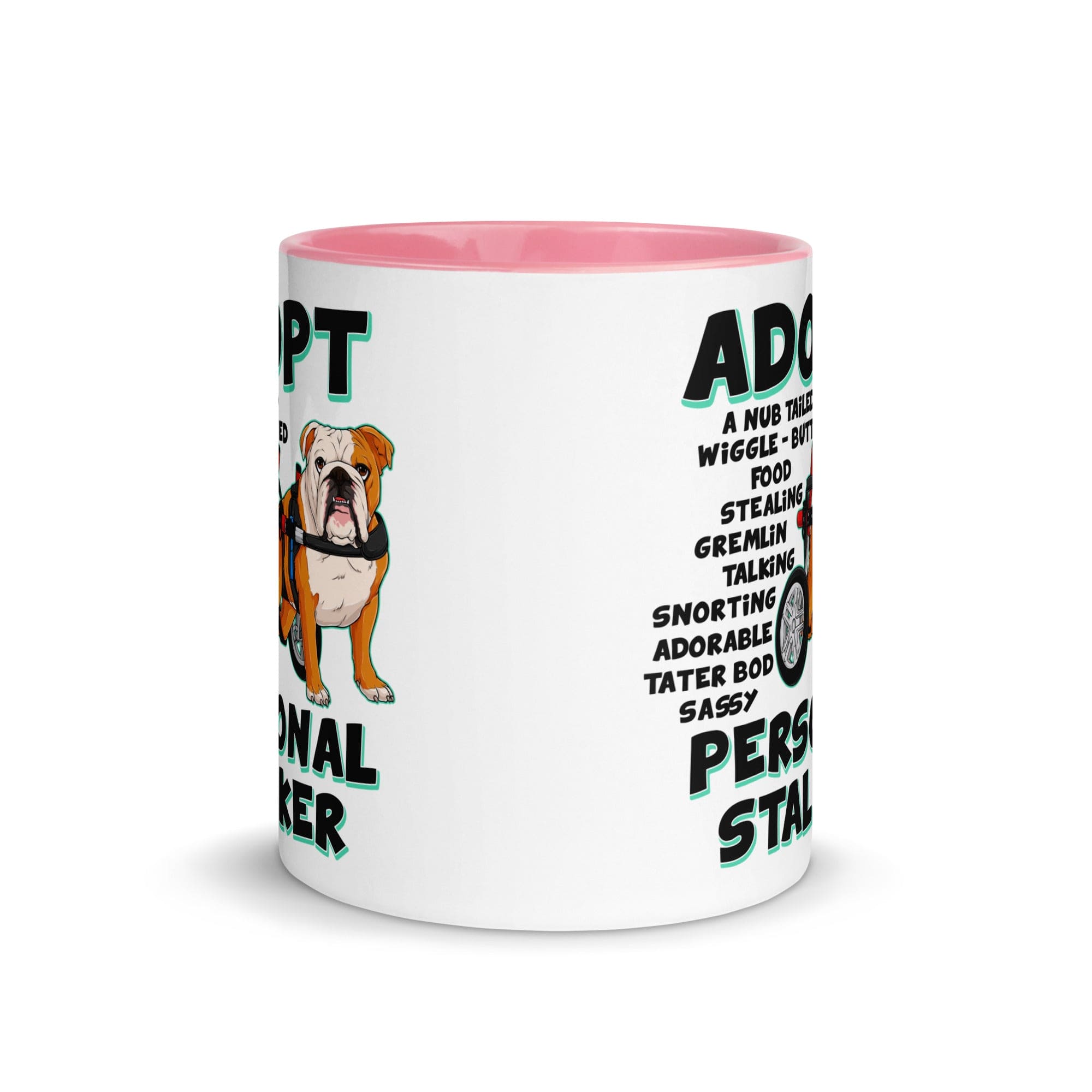 "Adopt A Personal Stalker" English Bulldog Mug | Red & White Colored in Wheelchair