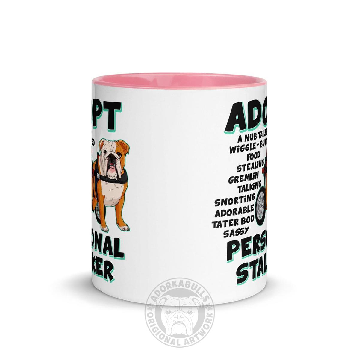 "Adopt A Personal Stalker" English Bulldog Mug | Red & White Colored in Wheelchair