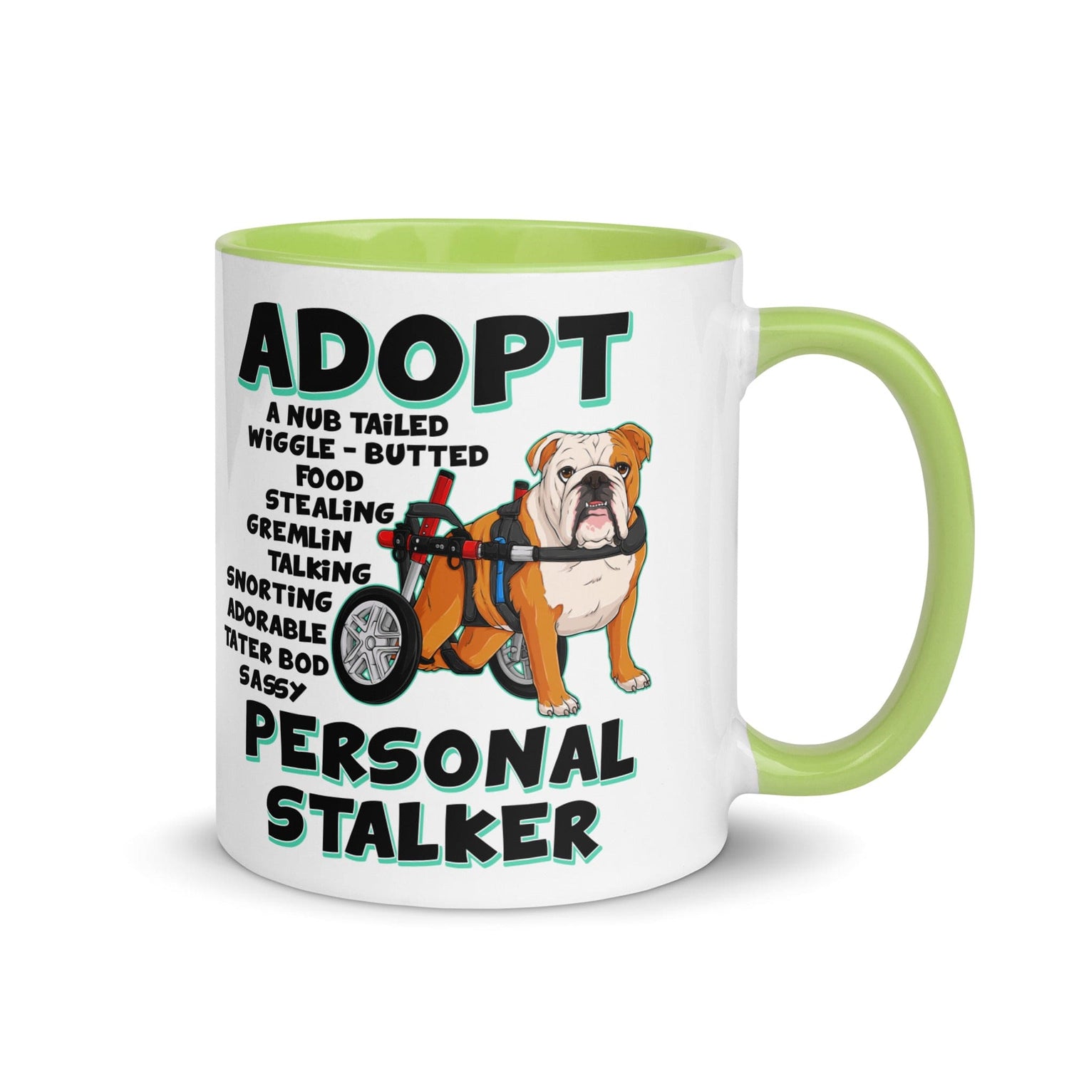 "Adopt A Personal Stalker" English Bulldog Mug | Red & White Colored in Wheelchair