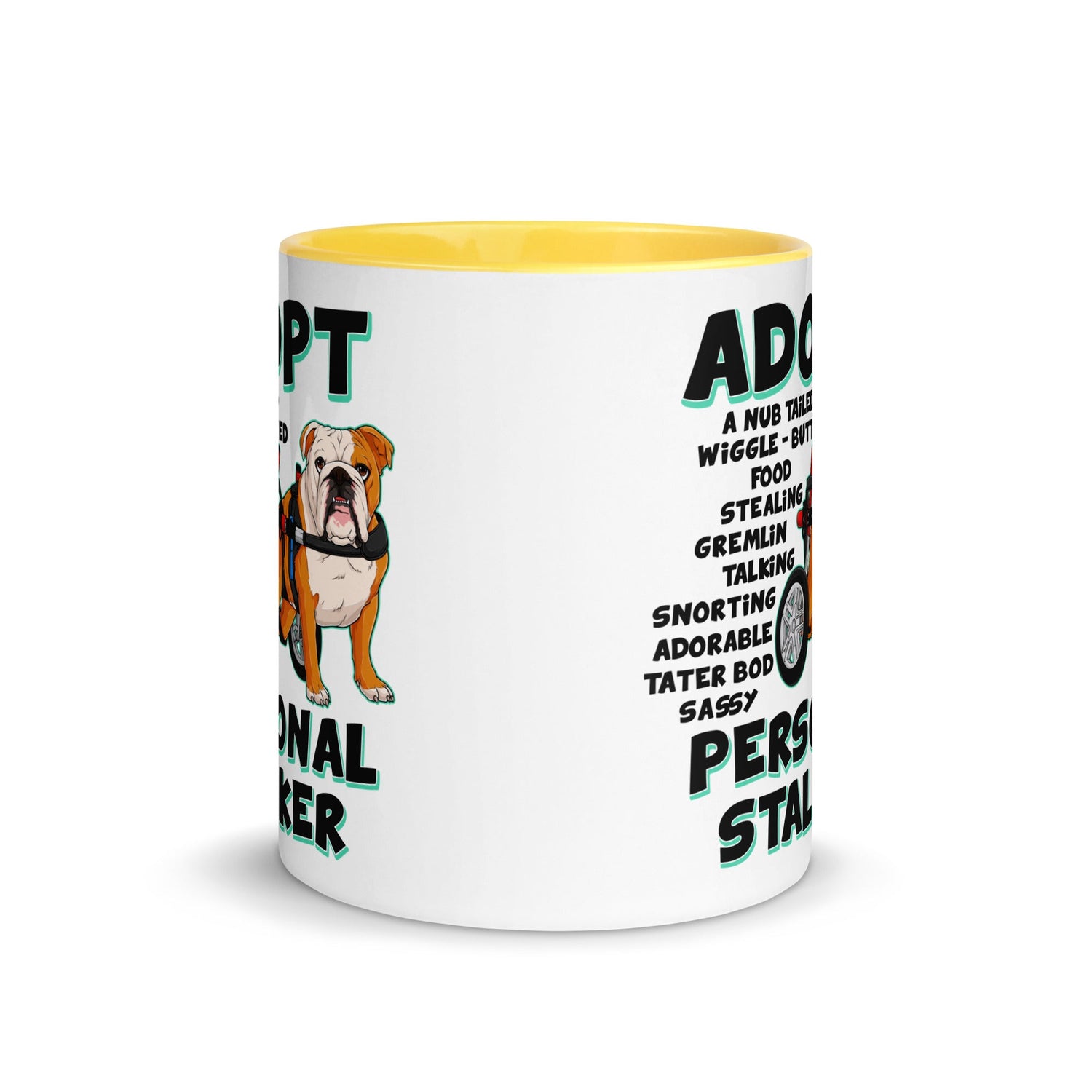 "Adopt A Personal Stalker" English Bulldog Mug | Red & White Colored in Wheelchair