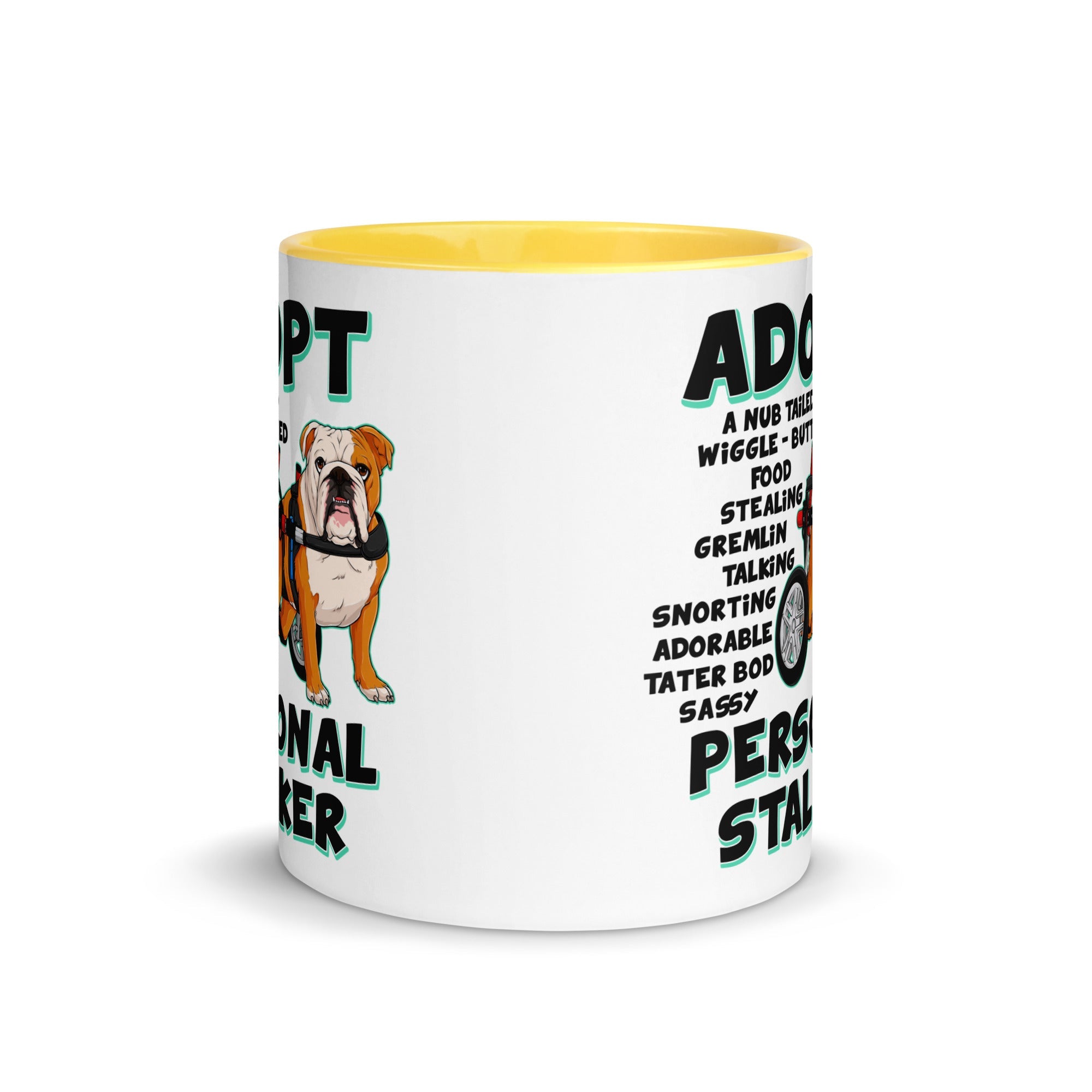 "Adopt A Personal Stalker" English Bulldog Mug | Red & White Colored in Wheelchair