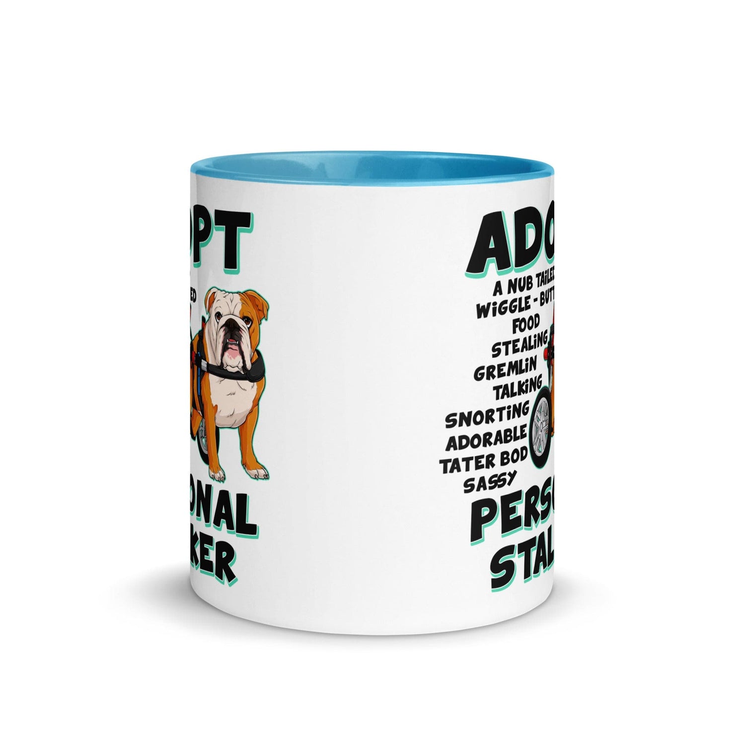 "Adopt A Personal Stalker" English Bulldog Mug | Red & White Colored in Wheelchair