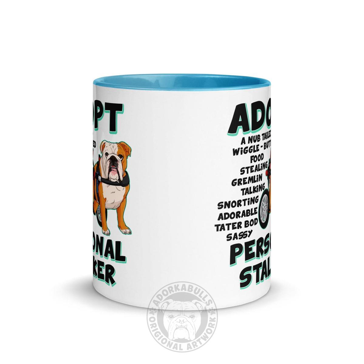 "Adopt A Personal Stalker" English Bulldog Mug | Red & White Colored in Wheelchair