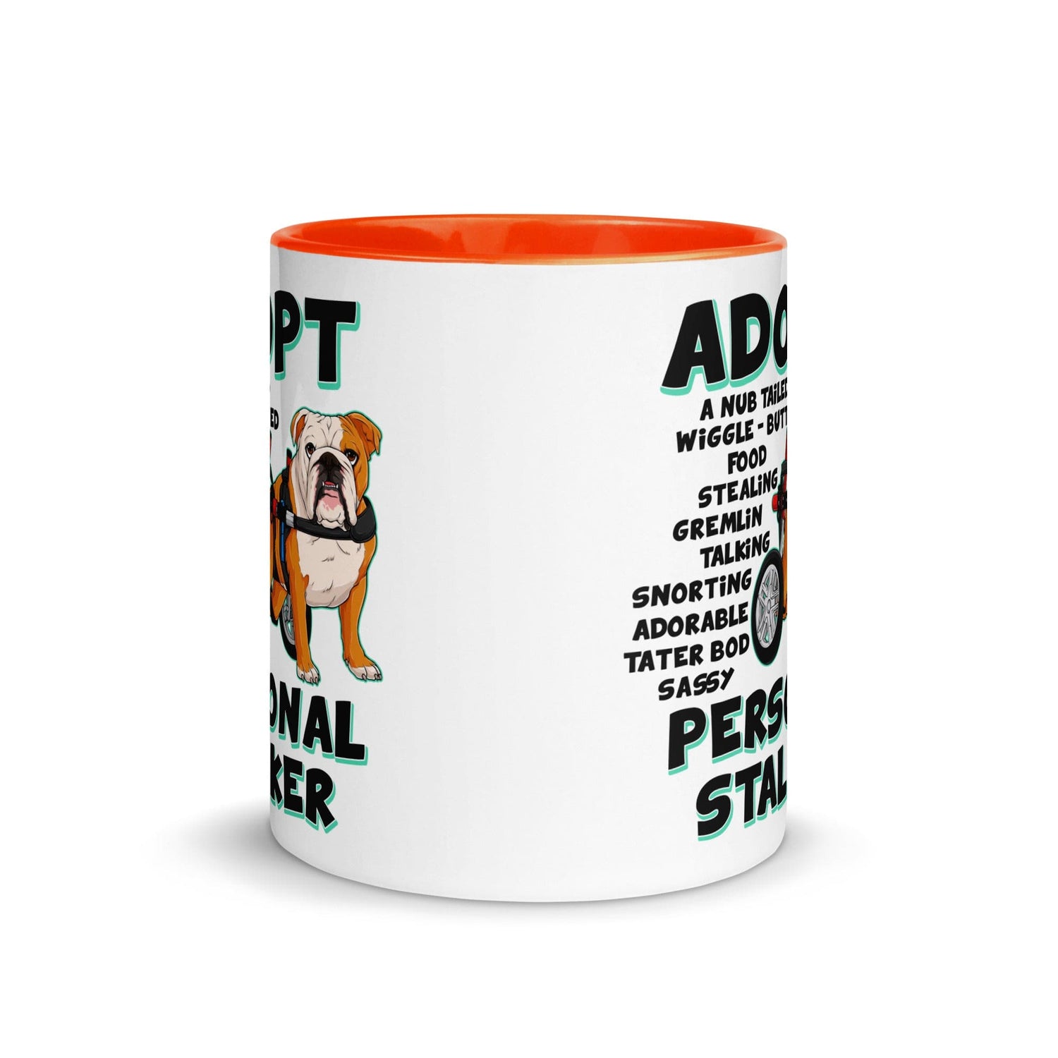 "Adopt A Personal Stalker" English Bulldog Mug | Red & White Colored in Wheelchair
