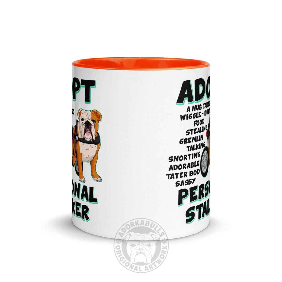 "Adopt A Personal Stalker" English Bulldog Mug | Red & White Colored in Wheelchair