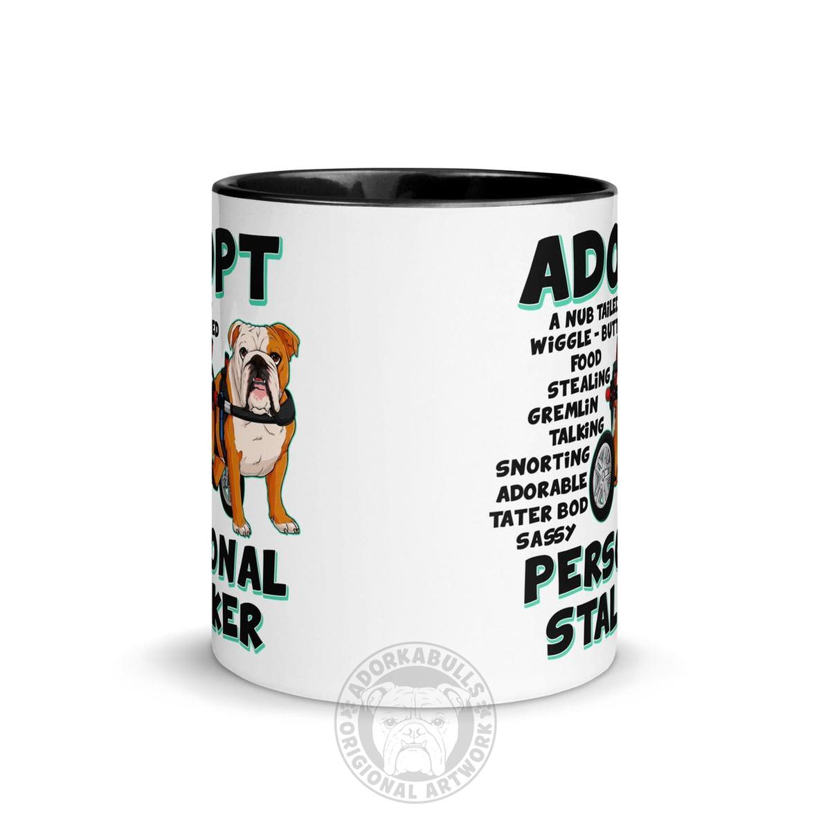"Adopt A Personal Stalker" English Bulldog Mug | Red & White Colored in Wheelchair