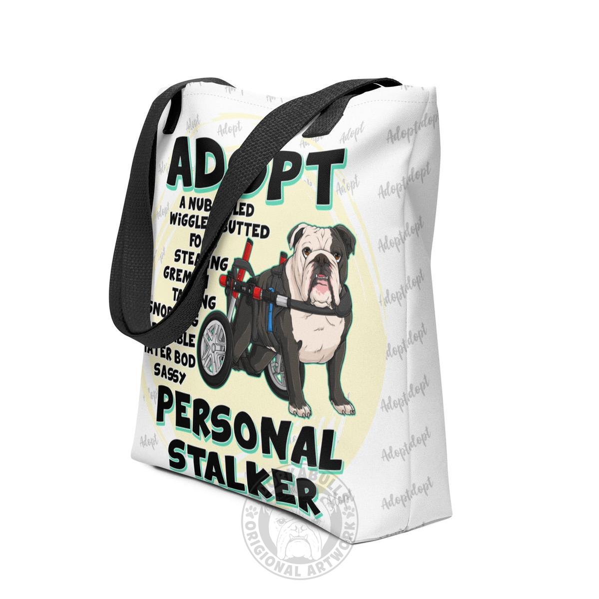 "Adopt A Personal Stalker" English Bulldog Tote Bag | B&W Colored in Wheelchair