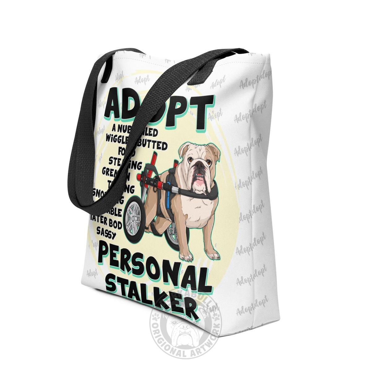 "Adopt A Personal Stalker" English Bulldog Tote Bag | Fawn & White Colored in Wheelchair