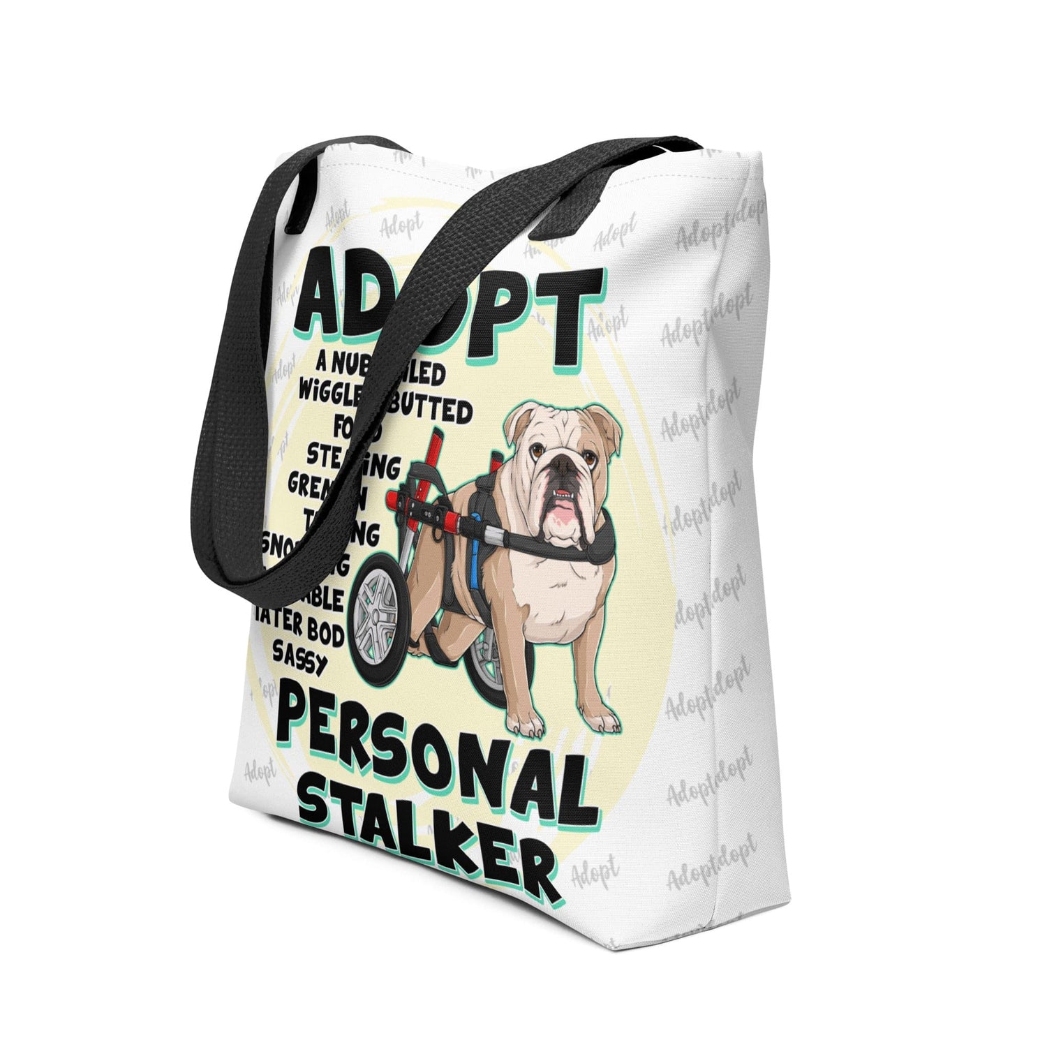 "Adopt A Personal Stalker" English Bulldog Tote Bag | Fawn & White Colored in Wheelchair