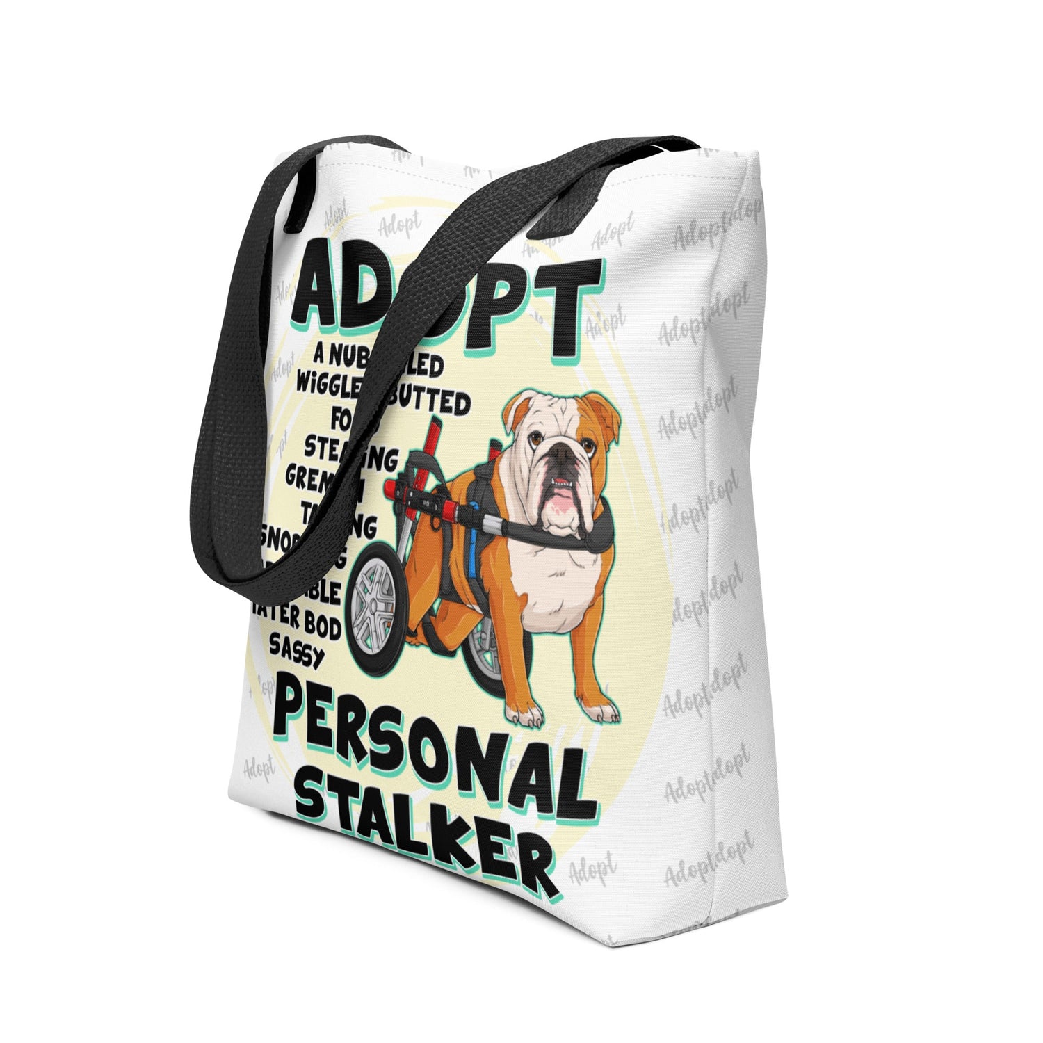 "Adopt A Personal Stalker" English Bulldog Tote Bag | Red & White Colored in Wheelchair