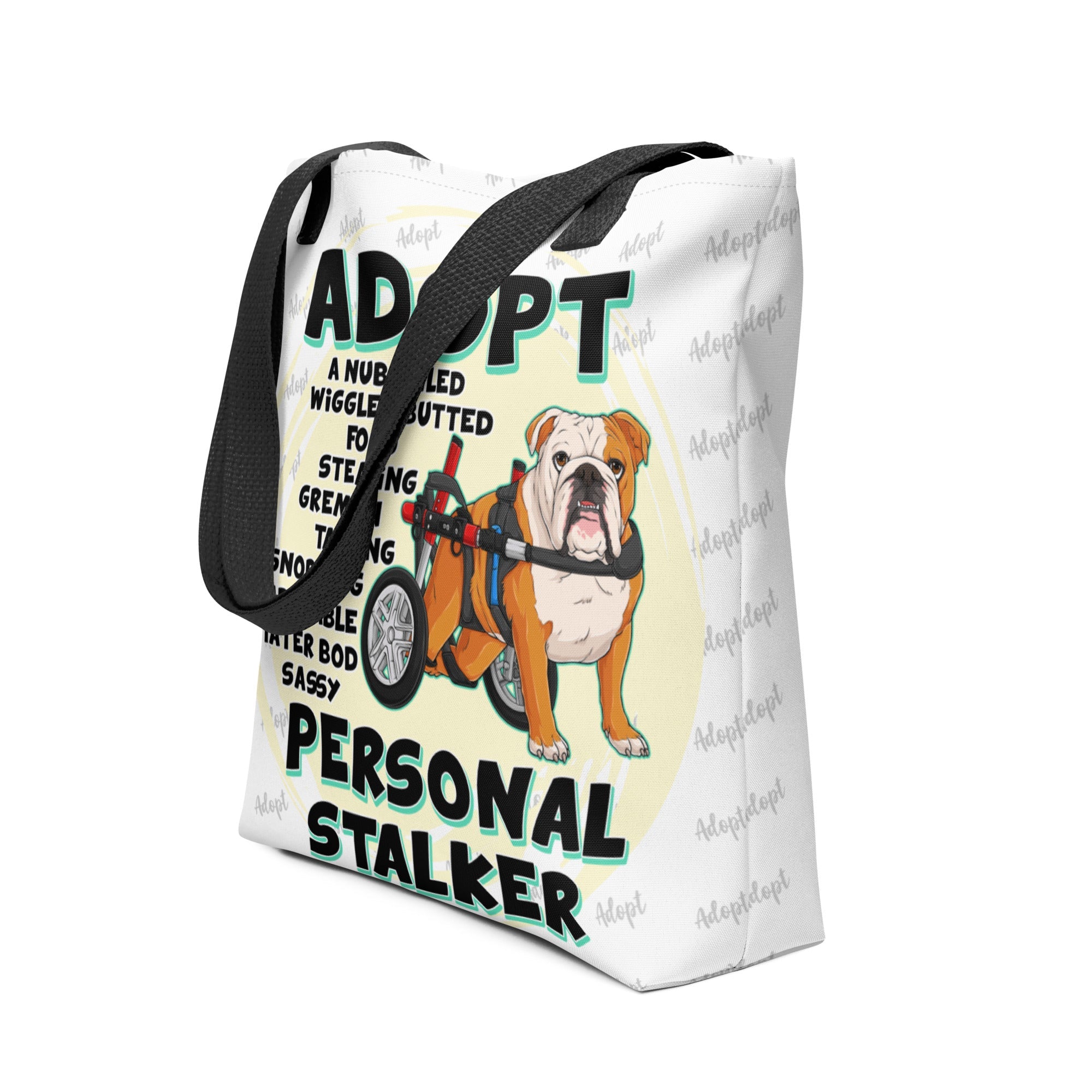 "Adopt A Personal Stalker" English Bulldog Tote Bag | Red & White Colored in Wheelchair
