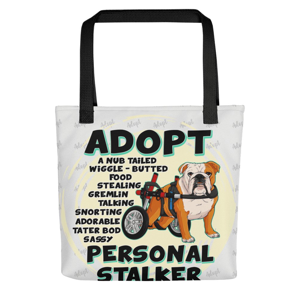"Adopt A Personal Stalker" English Bulldog Tote Bag | Red & White Colored in Wheelchair