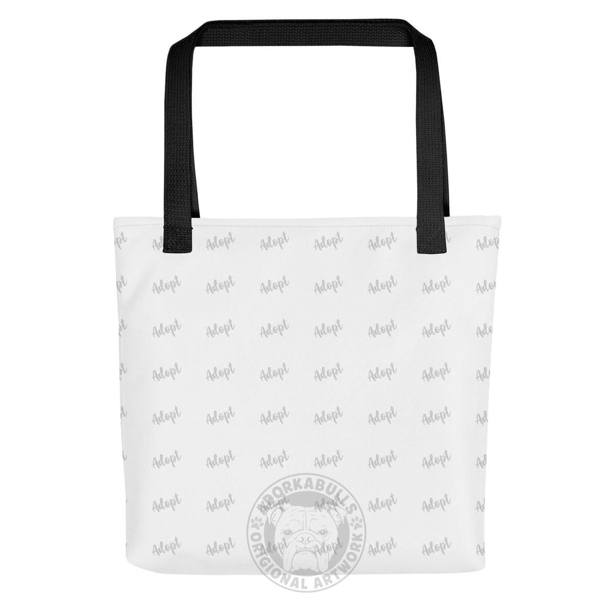 "Adopt A Personal Stalker" English Bulldog Tote Bag | White & Red Colored