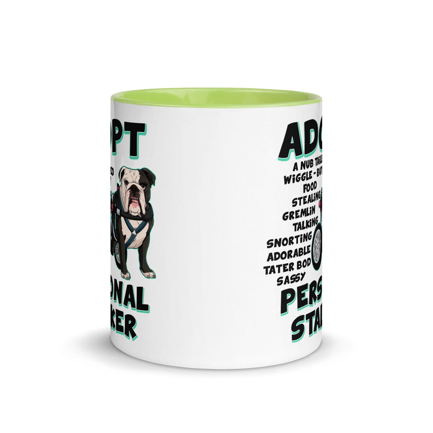 "Adopt A Personal Stalker" Female English Bulldog Mug | B&W Colored with Spina Bifida in Wheelchair