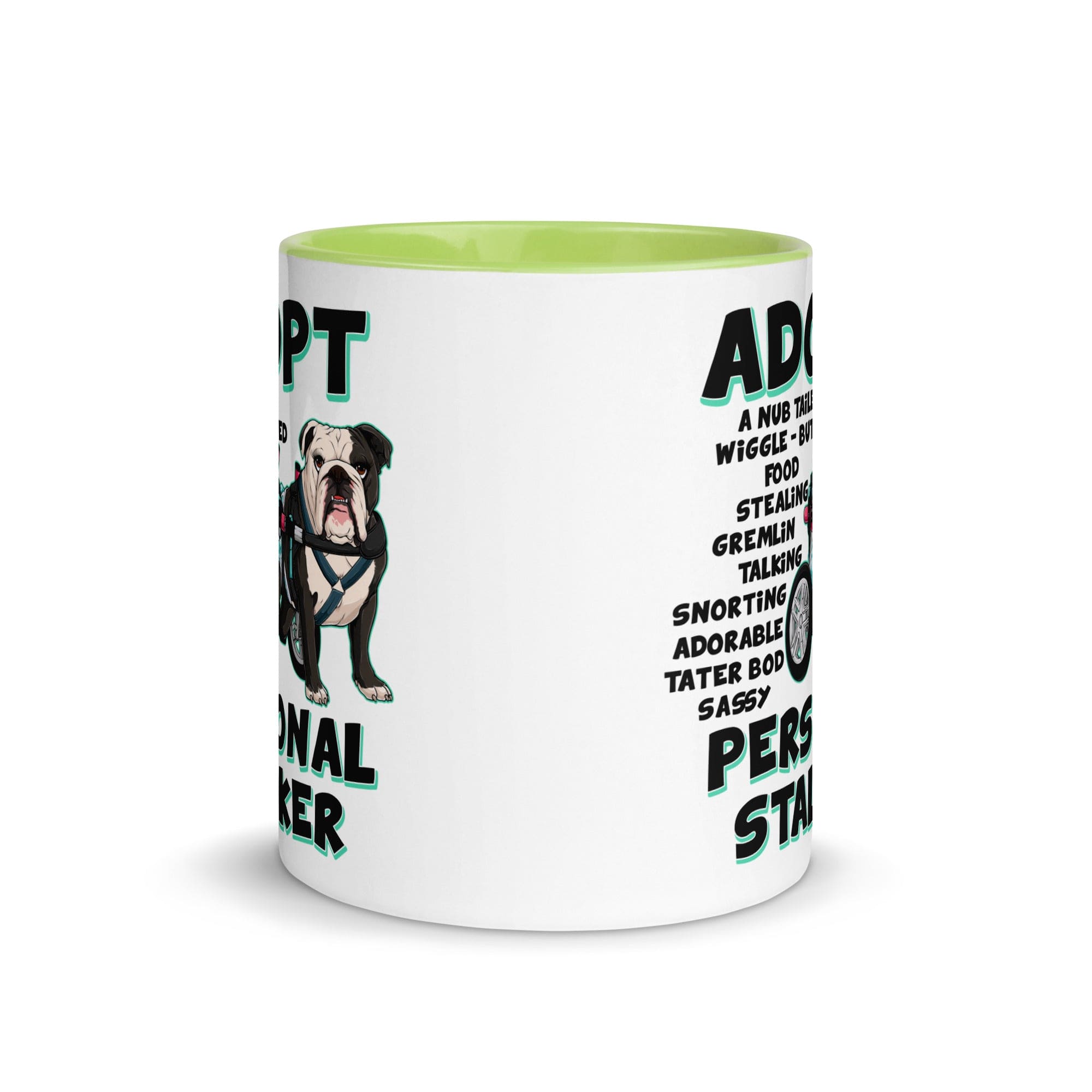 "Adopt A Personal Stalker" Female English Bulldog Mug | B&W Colored with Spina Bifida in Wheelchair