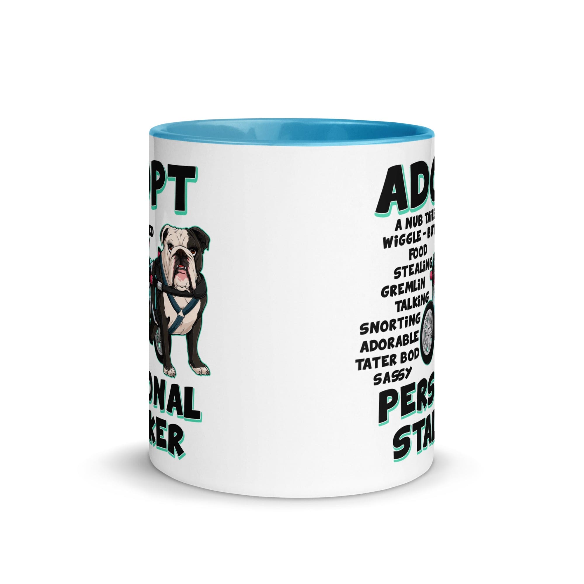 "Adopt A Personal Stalker" Female English Bulldog Mug | B&W Colored with Spina Bifida in Wheelchair