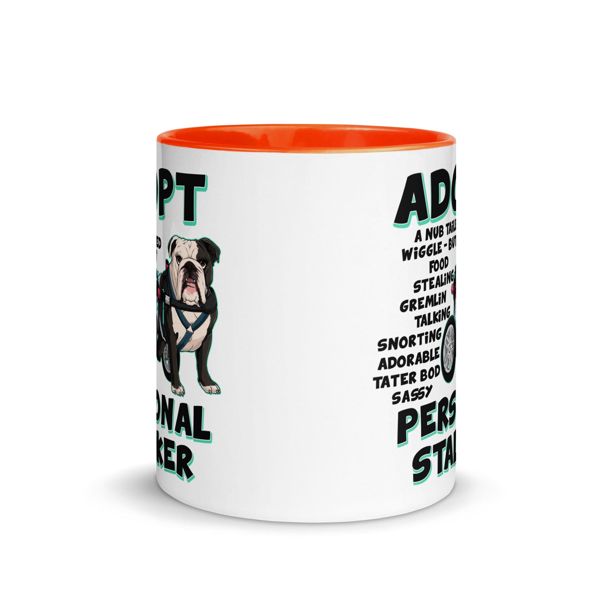 "Adopt A Personal Stalker" Female English Bulldog Mug | B&W Colored with Spina Bifida in Wheelchair