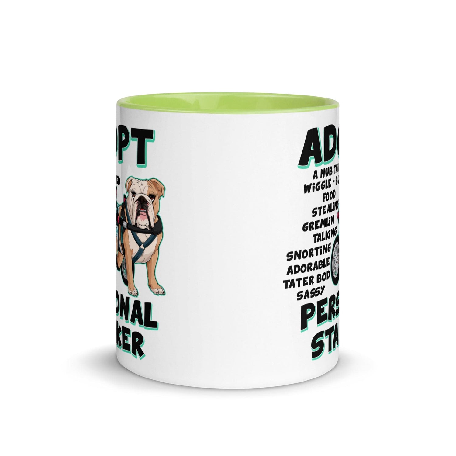 "Adopt A Personal Stalker" Female English Bulldog Mug | Fawn & White Colored with Spina Bifida in Wheelchair