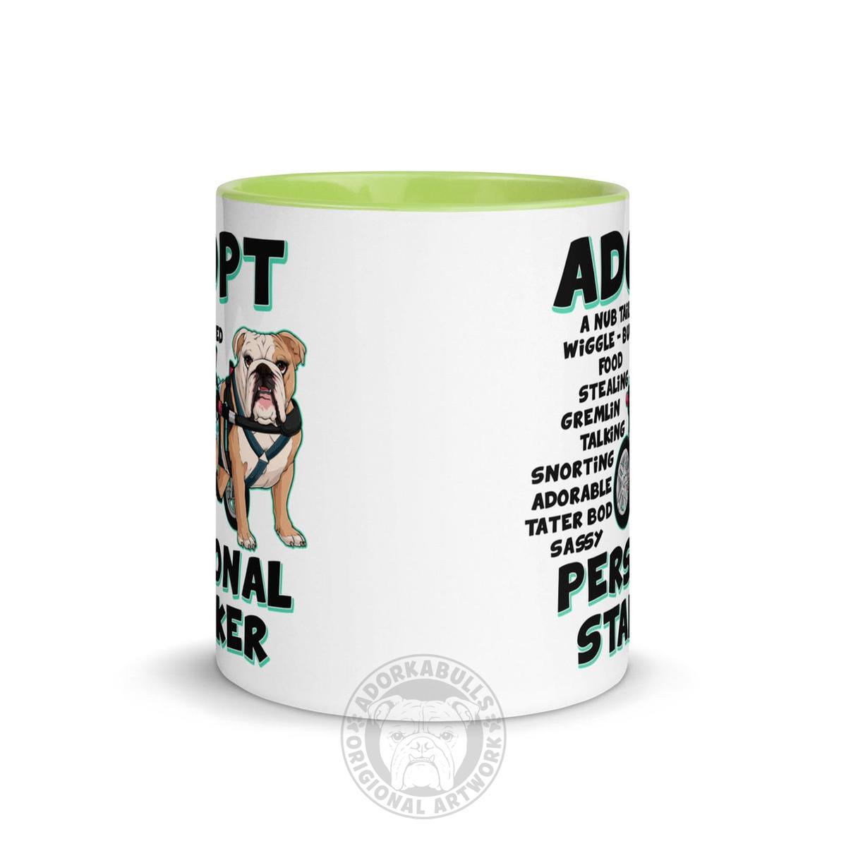 "Adopt A Personal Stalker" Female English Bulldog Mug | Fawn & White Colored with Spina Bifida in Wheelchair