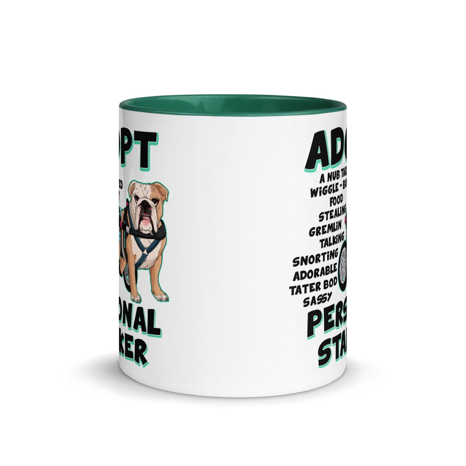 "Adopt A Personal Stalker" Female English Bulldog Mug | Fawn & White Colored with Spina Bifida in Wheelchair