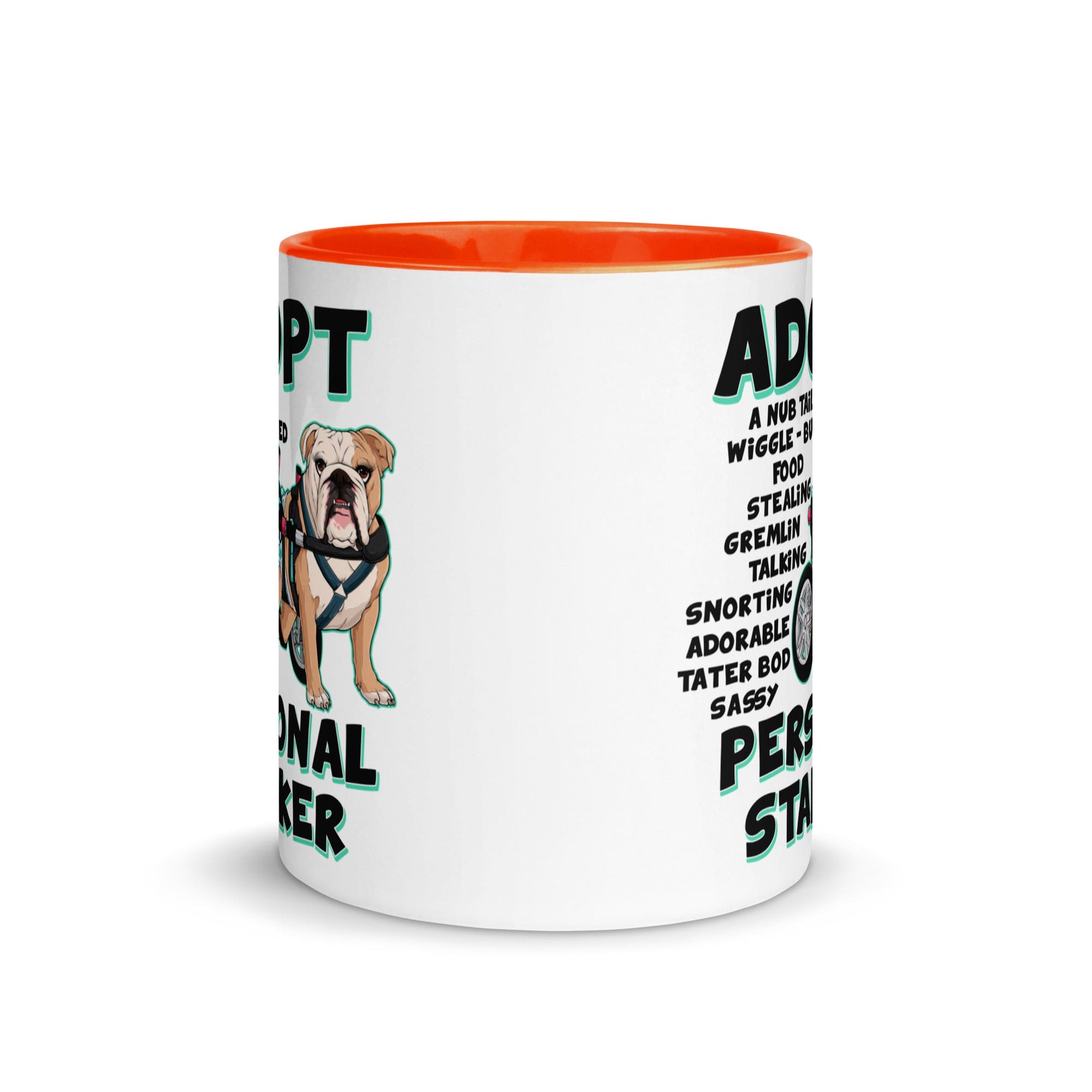 "Adopt A Personal Stalker" Female English Bulldog Mug | Fawn & White Colored with Spina Bifida in Wheelchair