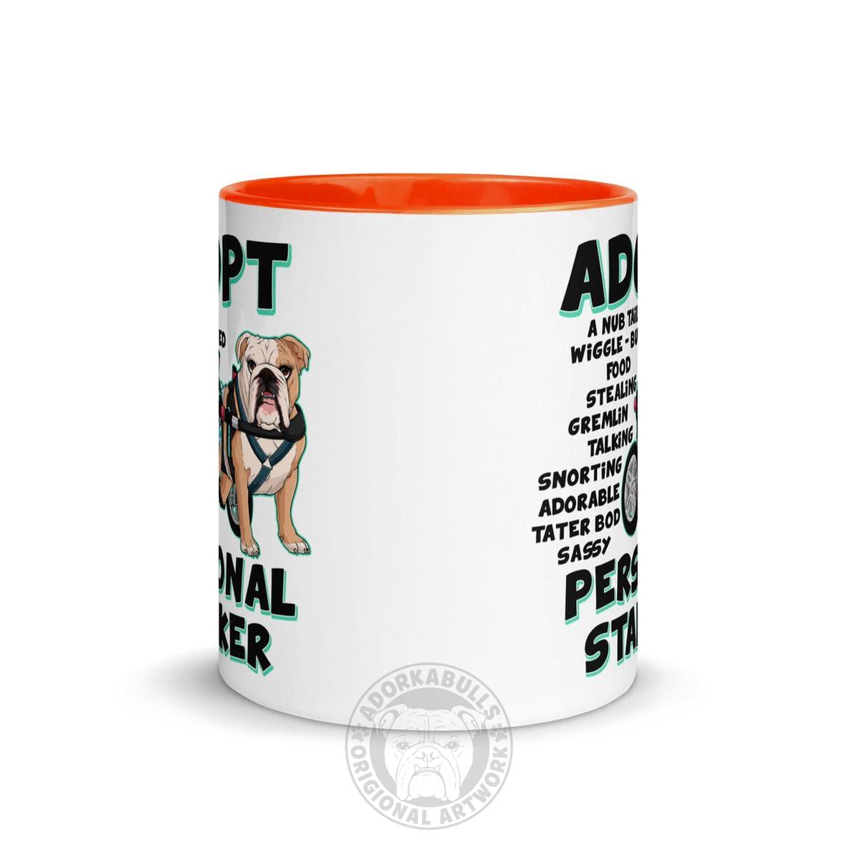 "Adopt A Personal Stalker" Female English Bulldog Mug | Fawn & White Colored with Spina Bifida in Wheelchair