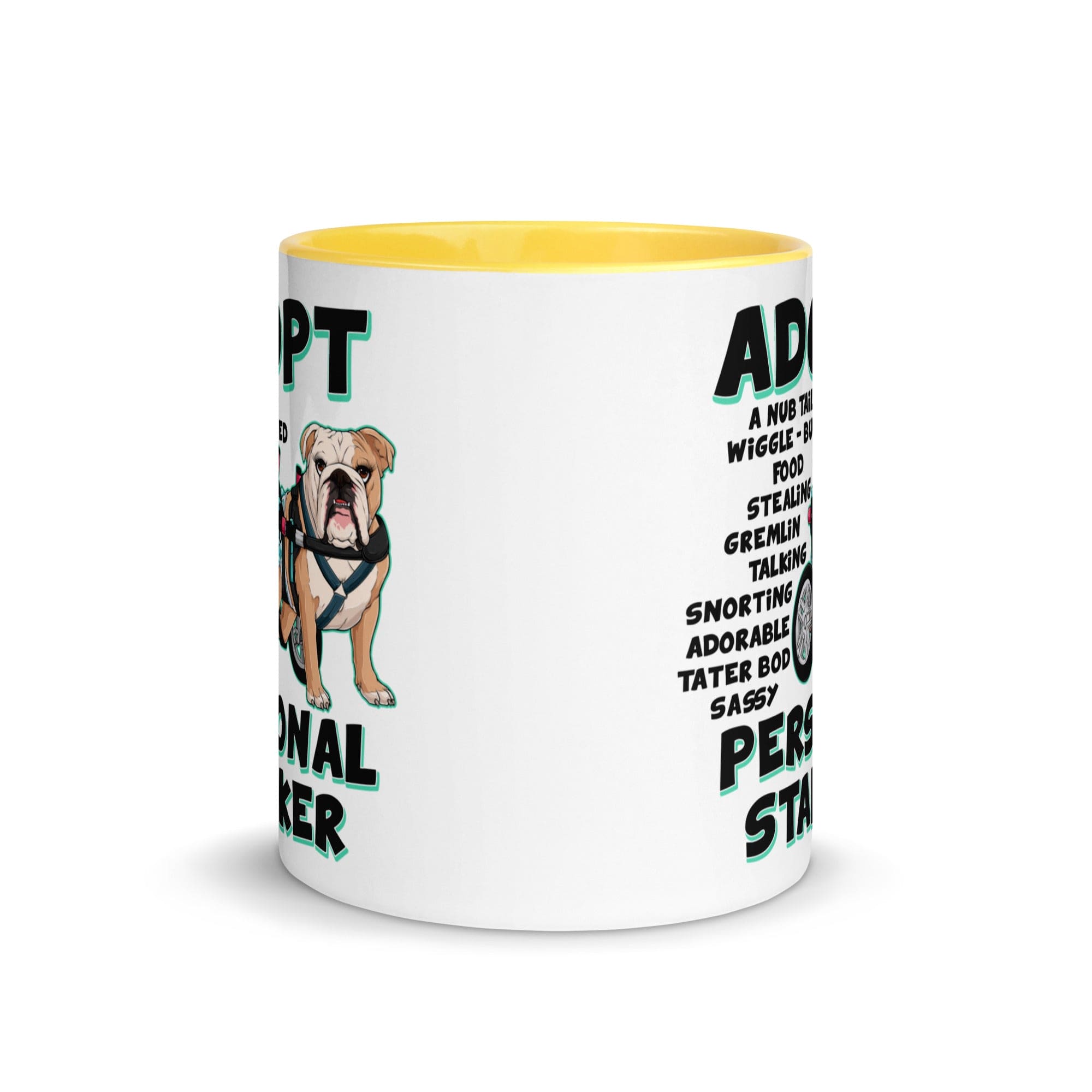 "Adopt A Personal Stalker" Female English Bulldog Mug | Fawn & White Colored with Spina Bifida in Wheelchair