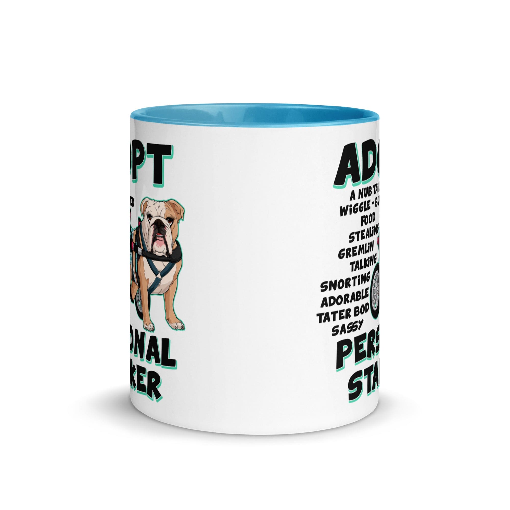"Adopt A Personal Stalker" Female English Bulldog Mug | Fawn & White Colored with Spina Bifida in Wheelchair