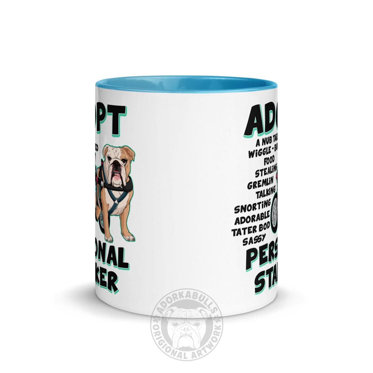 "Adopt A Personal Stalker" Female English Bulldog Mug | Fawn & White Colored with Spina Bifida in Wheelchair