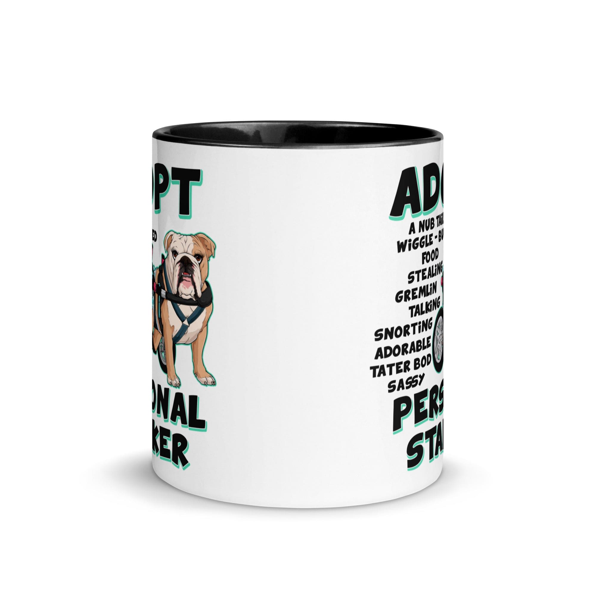"Adopt A Personal Stalker" Female English Bulldog Mug | Fawn & White Colored with Spina Bifida in Wheelchair