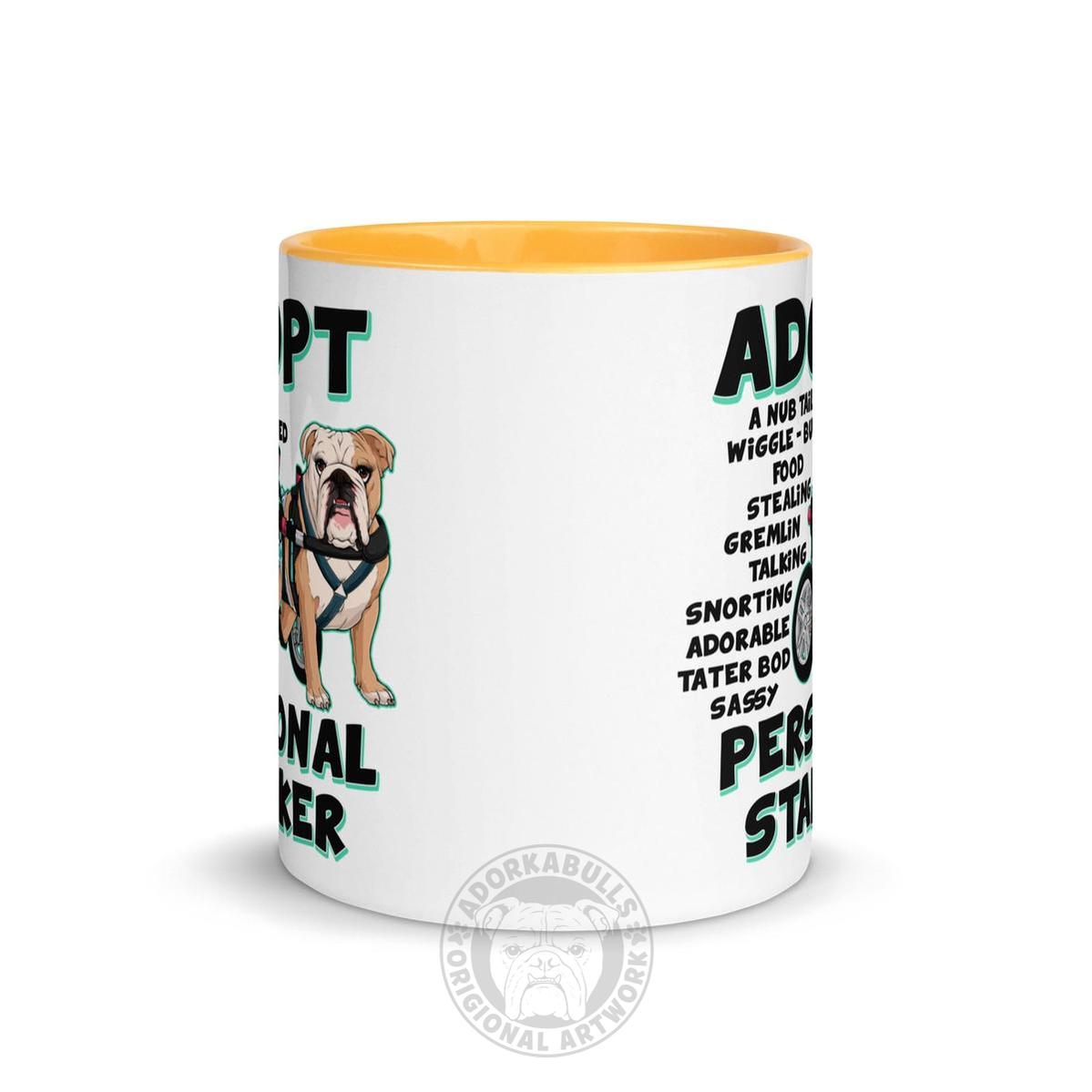 "Adopt A Personal Stalker" Female English Bulldog Mug | Fawn & White Colored with Spina Bifida in Wheelchair