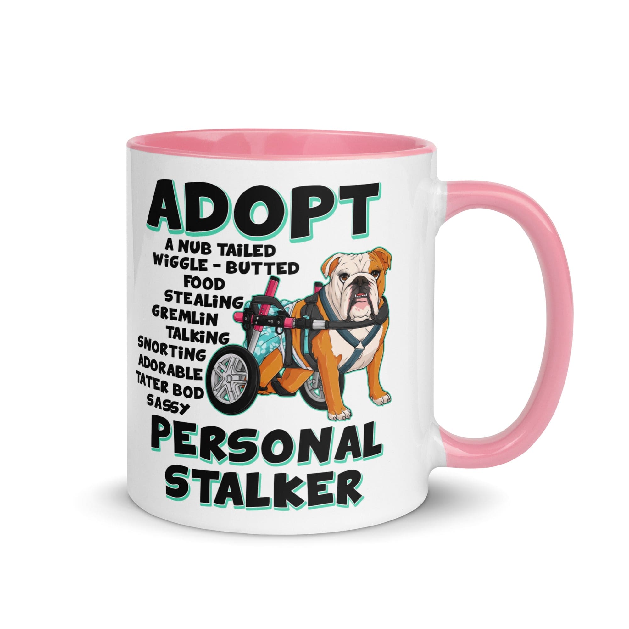 "Adopt A Personal Stalker" Female English Bulldog Mug | Red & White Colored with Spina Bifida in Wheelchair