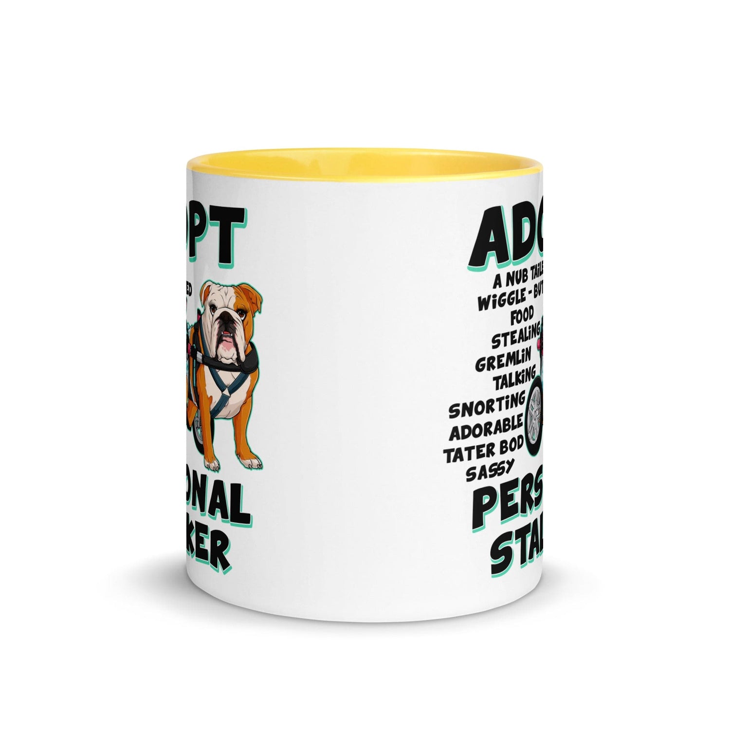 "Adopt A Personal Stalker" Female English Bulldog Mug | Red & White Colored with Spina Bifida in Wheelchair
